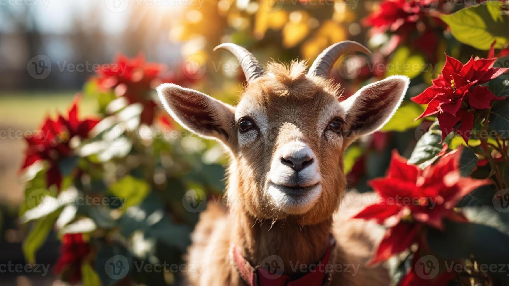 A close-up of a goat surrounded by vibrant flowers in a sunny outdoor setting. photo