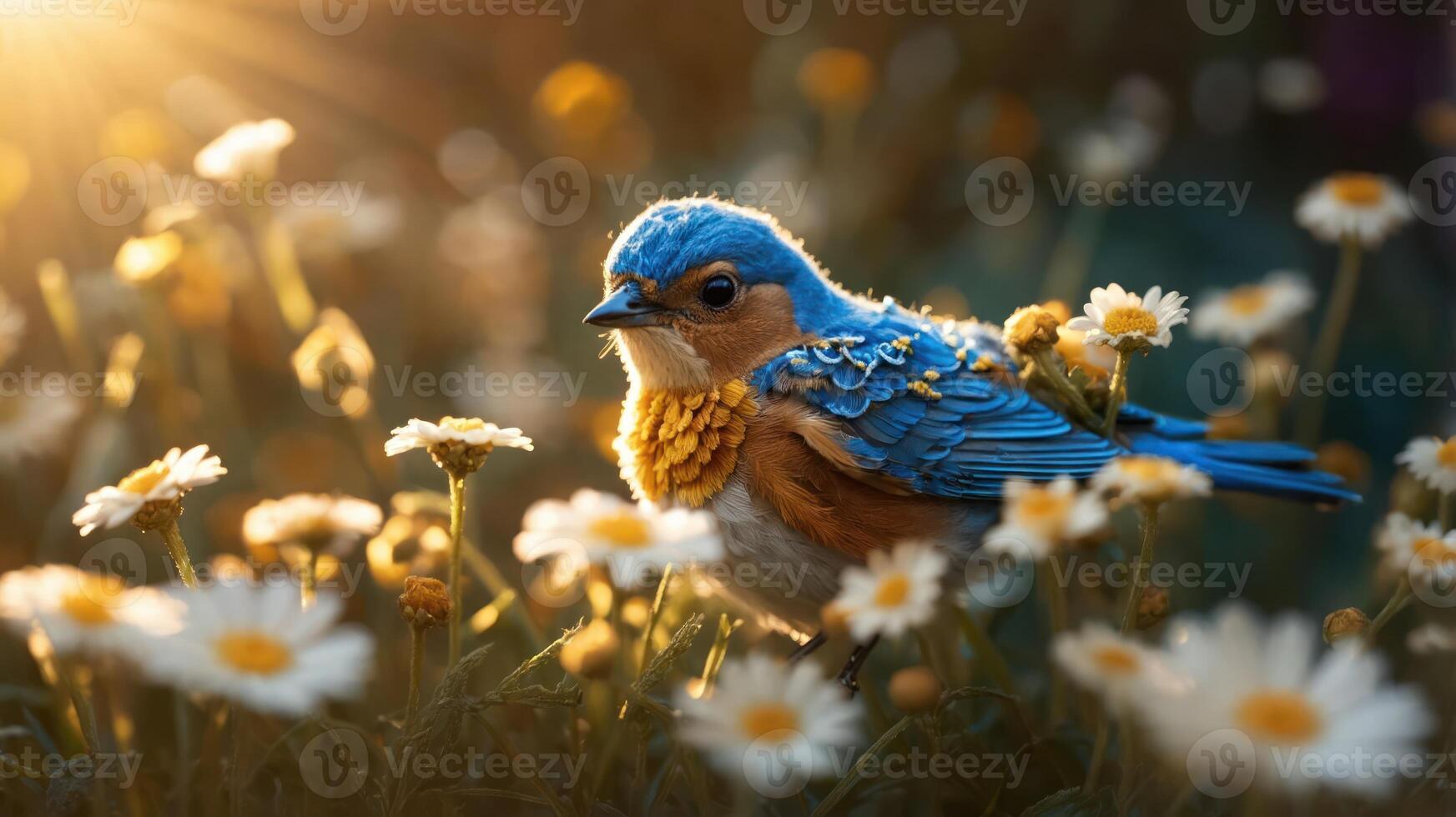 A vibrant bluebird perched among daisies, illuminated by soft sunlight. photo
