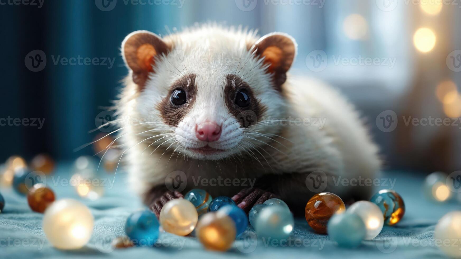 A cute animal with a playful expression surrounded by colorful marbles. photo