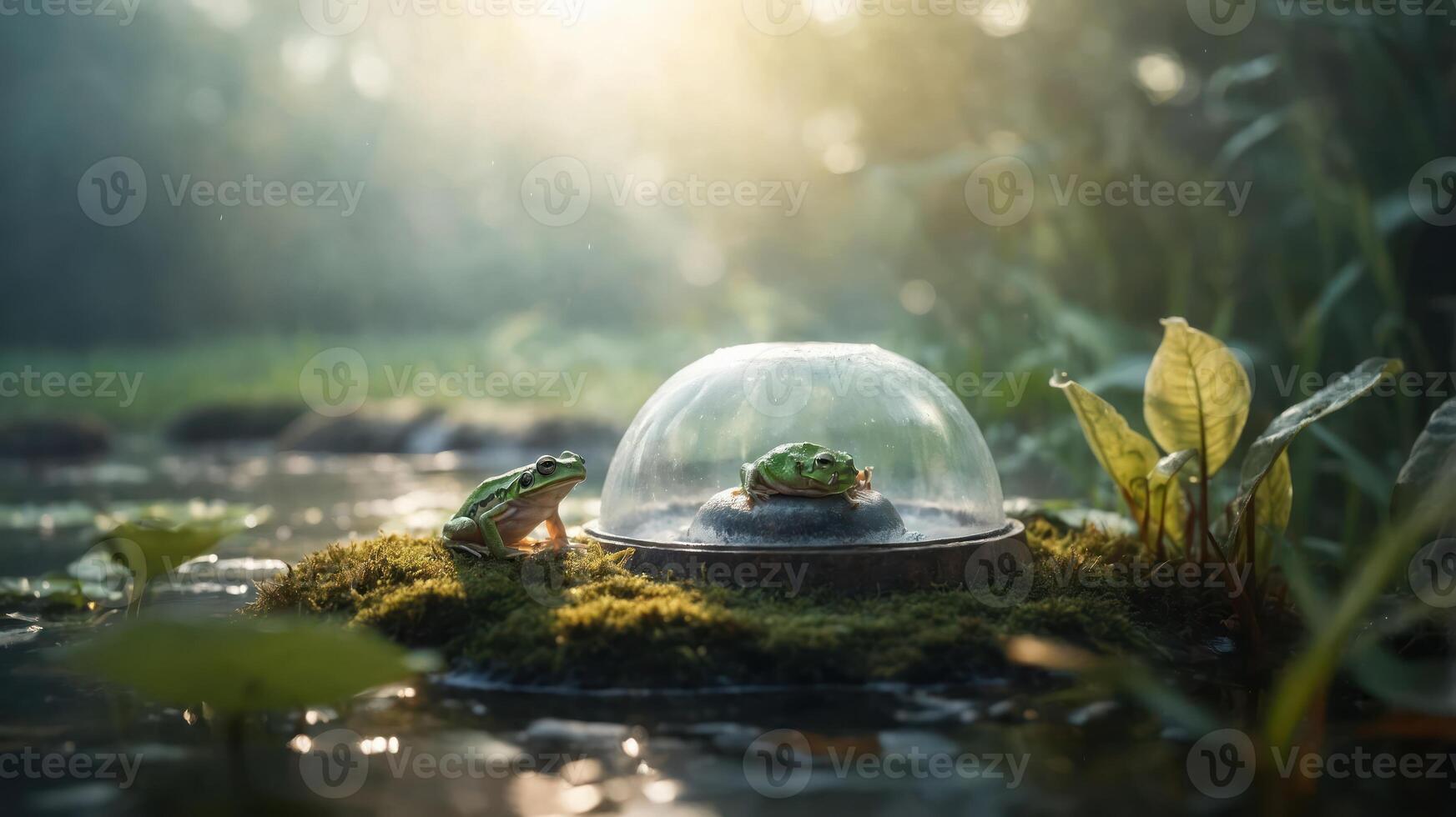 Two frogs on a mossy island with a glass dome in a serene, misty environment. photo