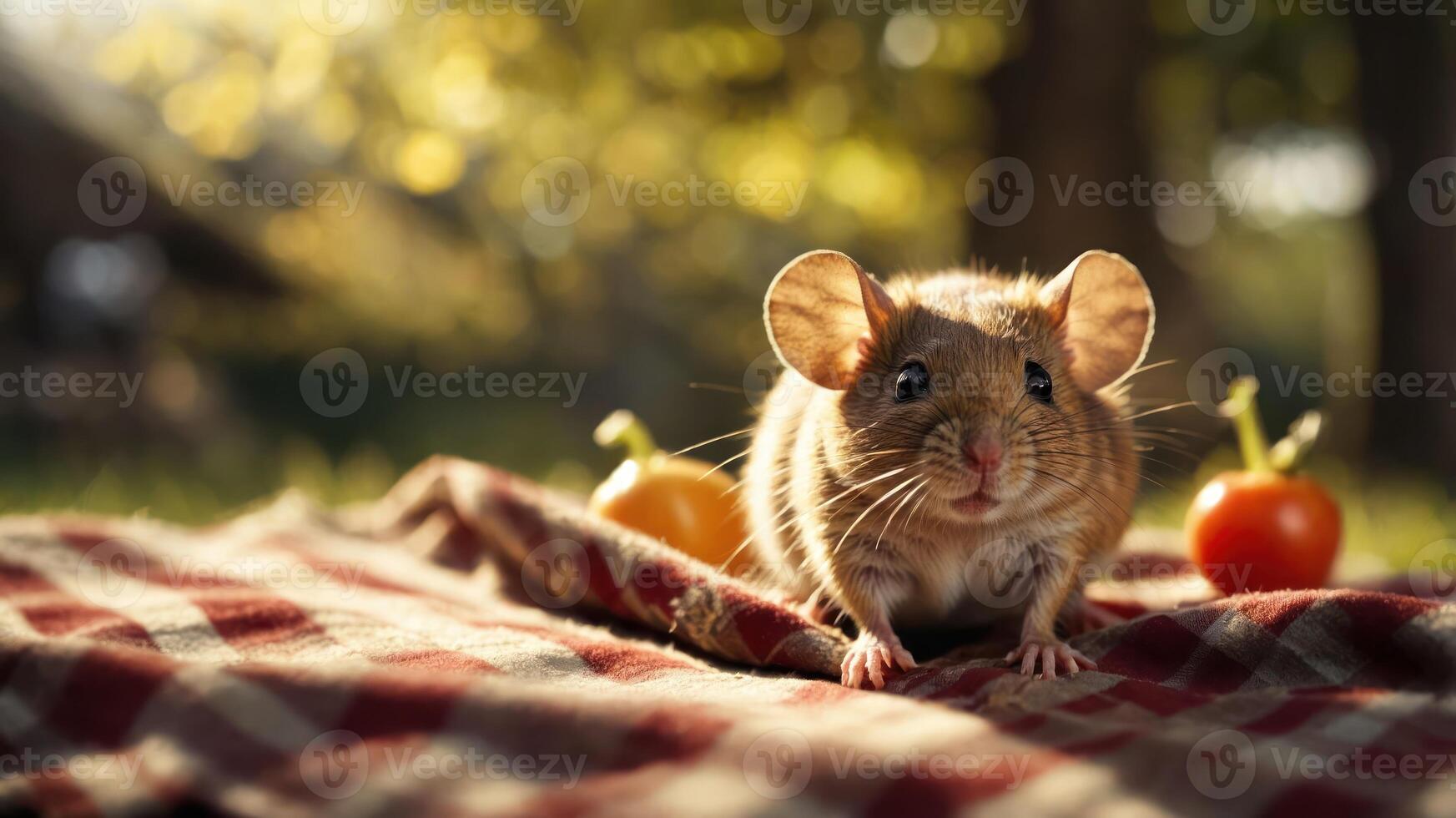 A close-up of a mouse on a blanket with small tomatoes in a natural setting. photo