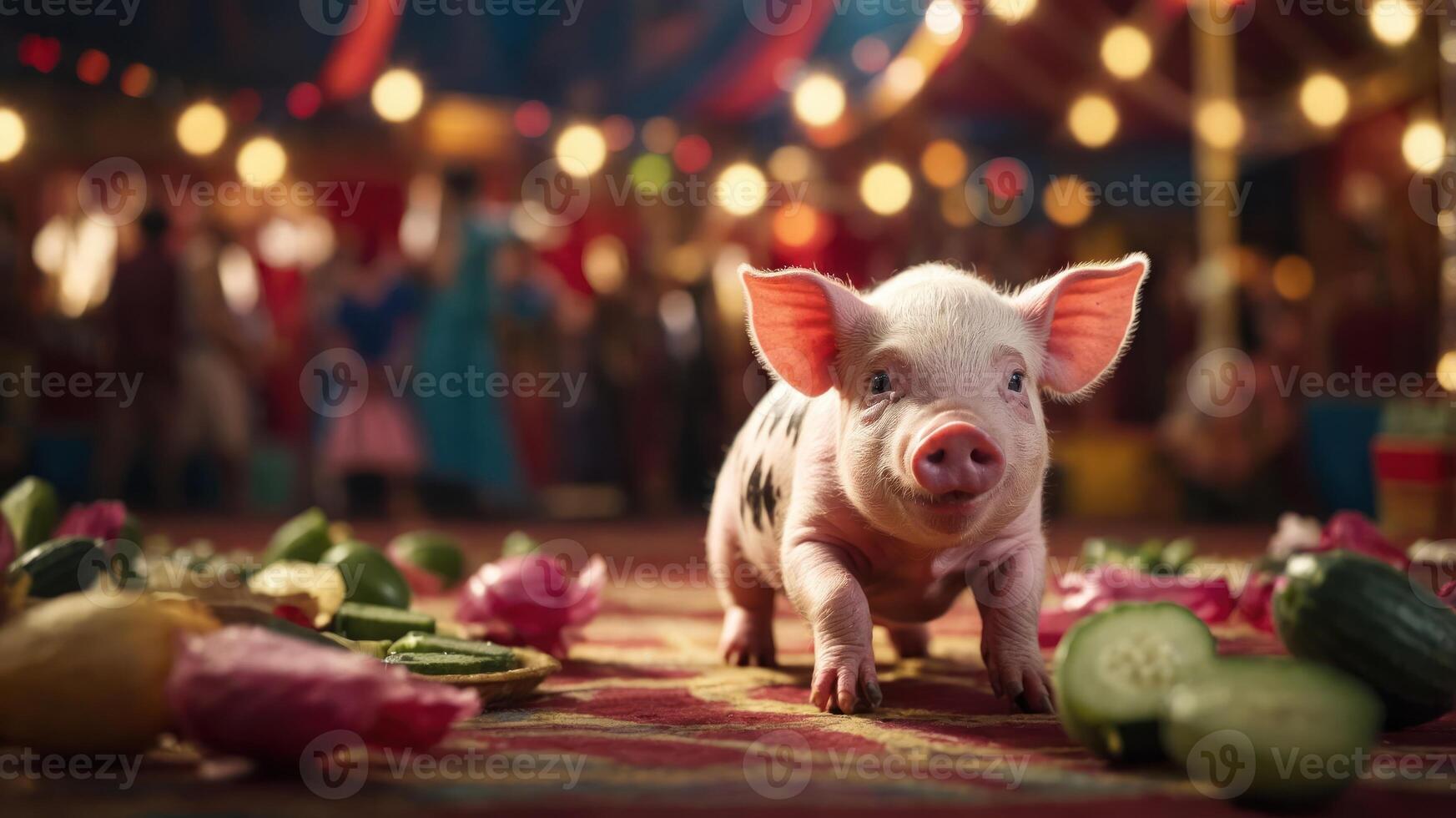 A cute piglet in a vibrant circus setting surrounded by vegetables. photo