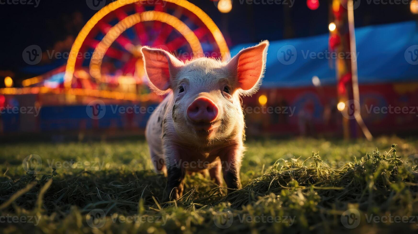 A playful piglet stands in a grassy field with a colorful carnival in the background. photo
