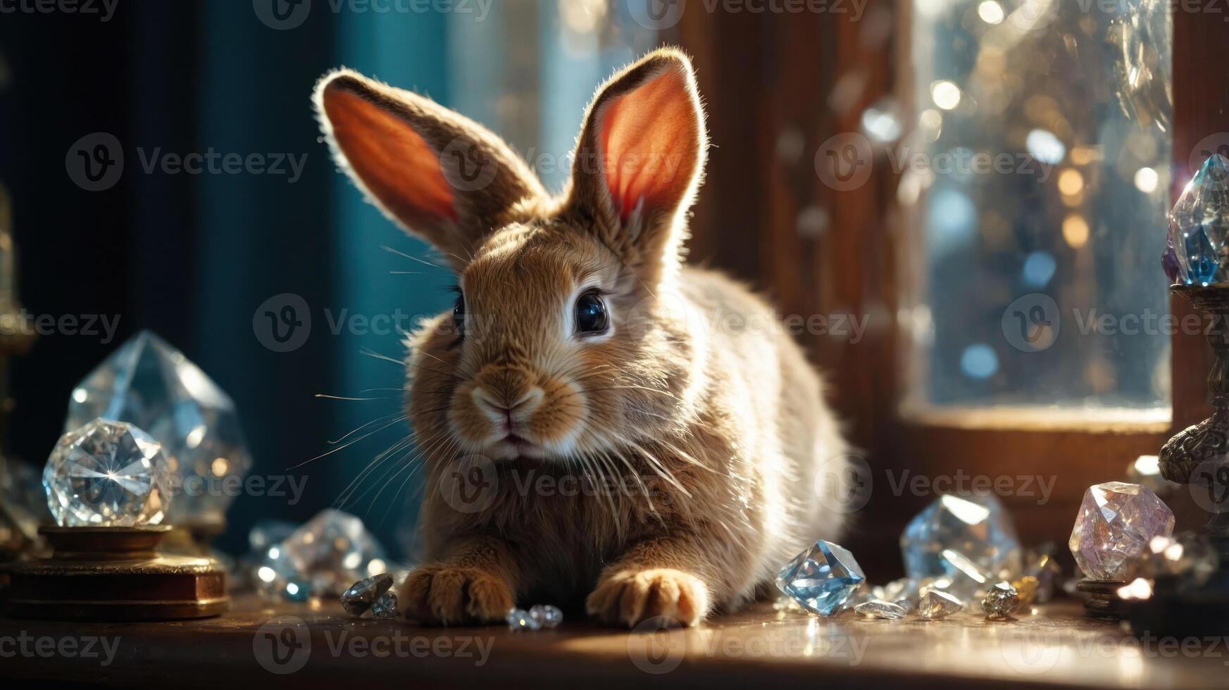 A cute rabbit rests among sparkling crystals near a window, illuminated by soft light. photo