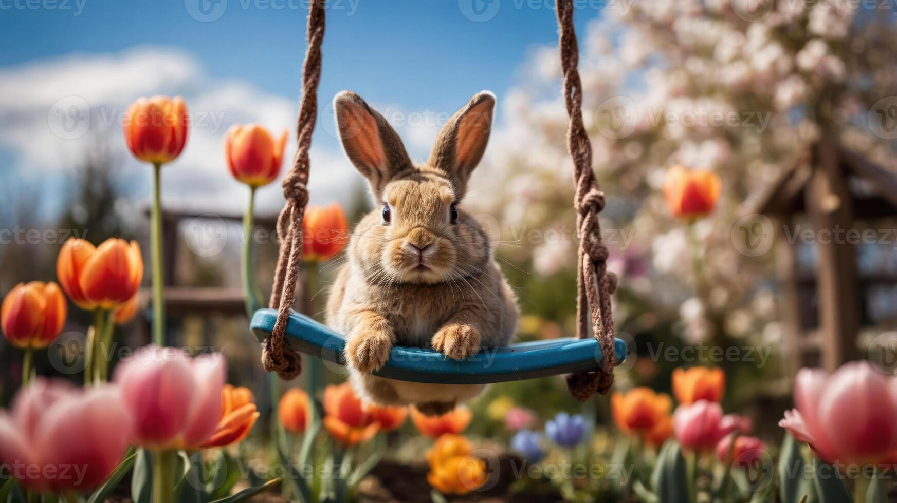 A playful rabbit on a swing surrounded by colorful tulips in a sunny garden. photo