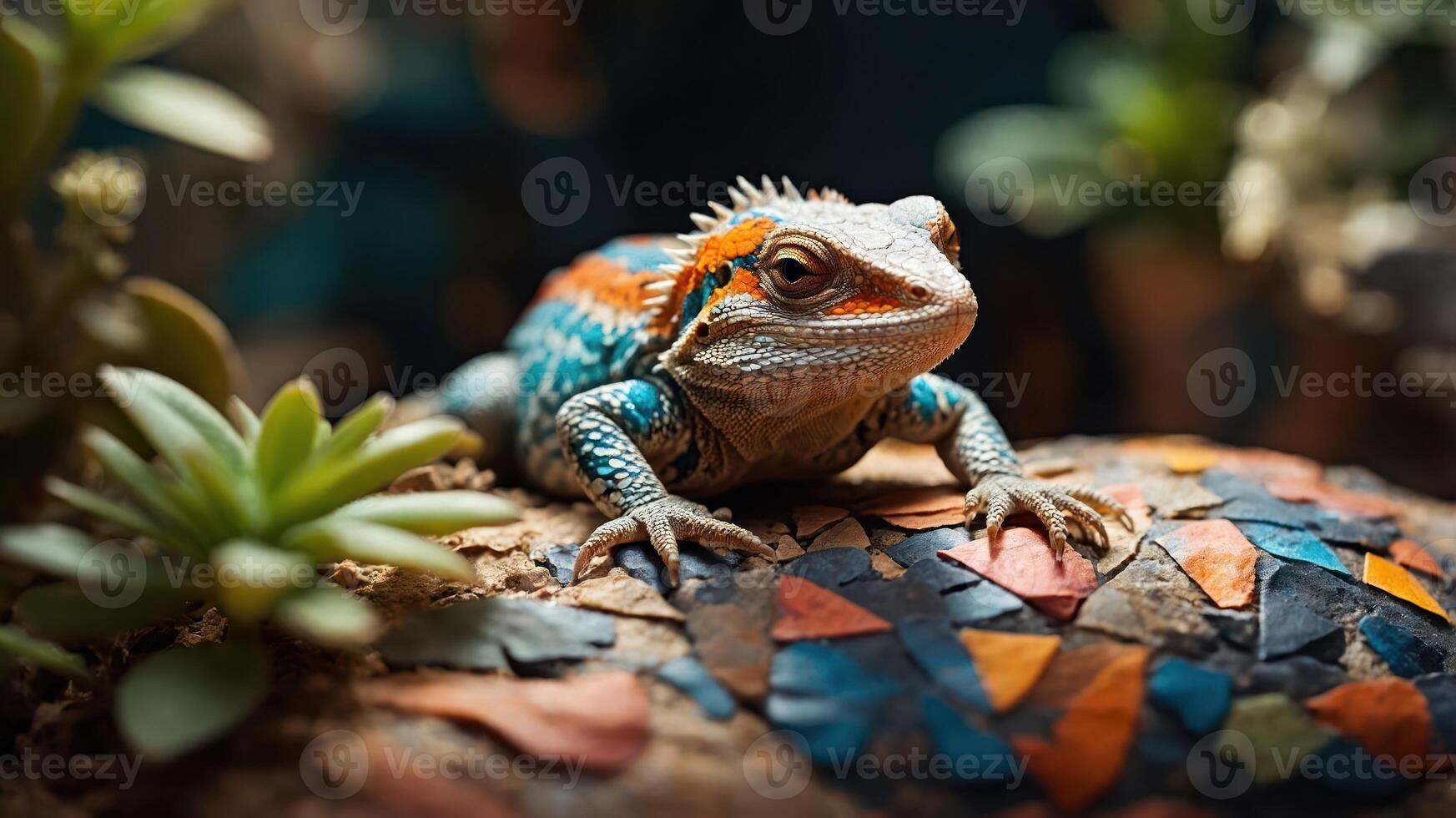 A colorful lizard resting on a textured surface surrounded by greenery. photo
