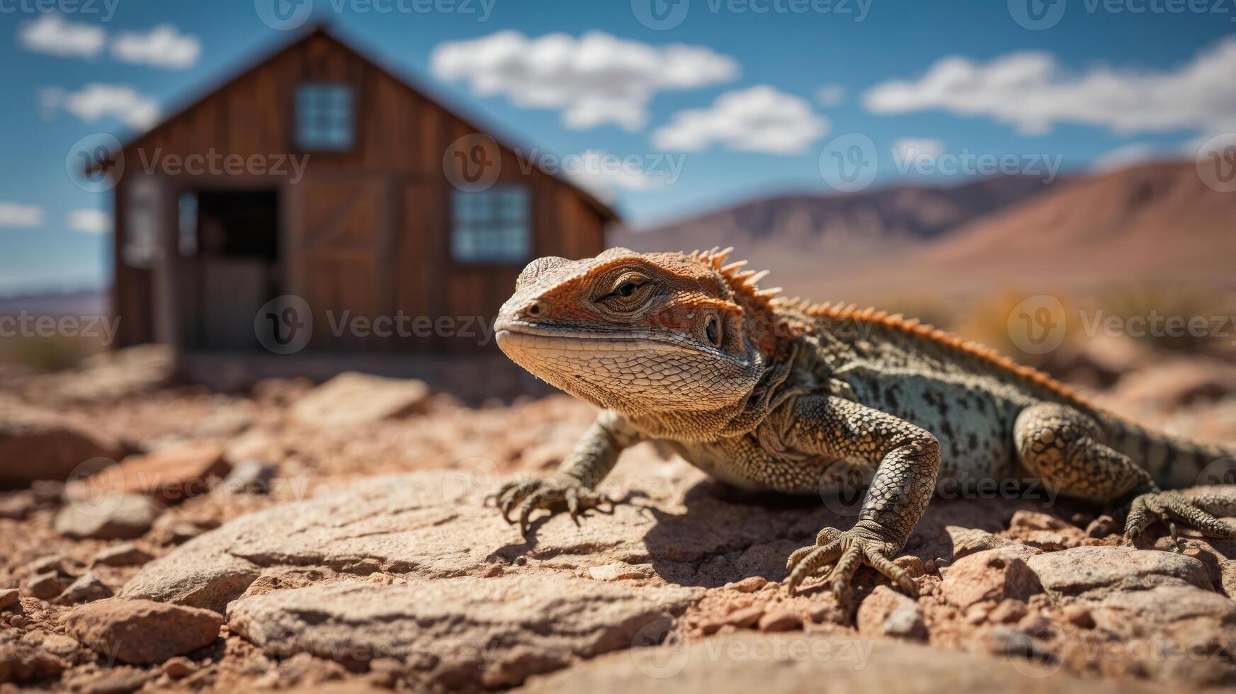 A close-up of a lizard in a desert landscape with a wooden cabin in the background. photo
