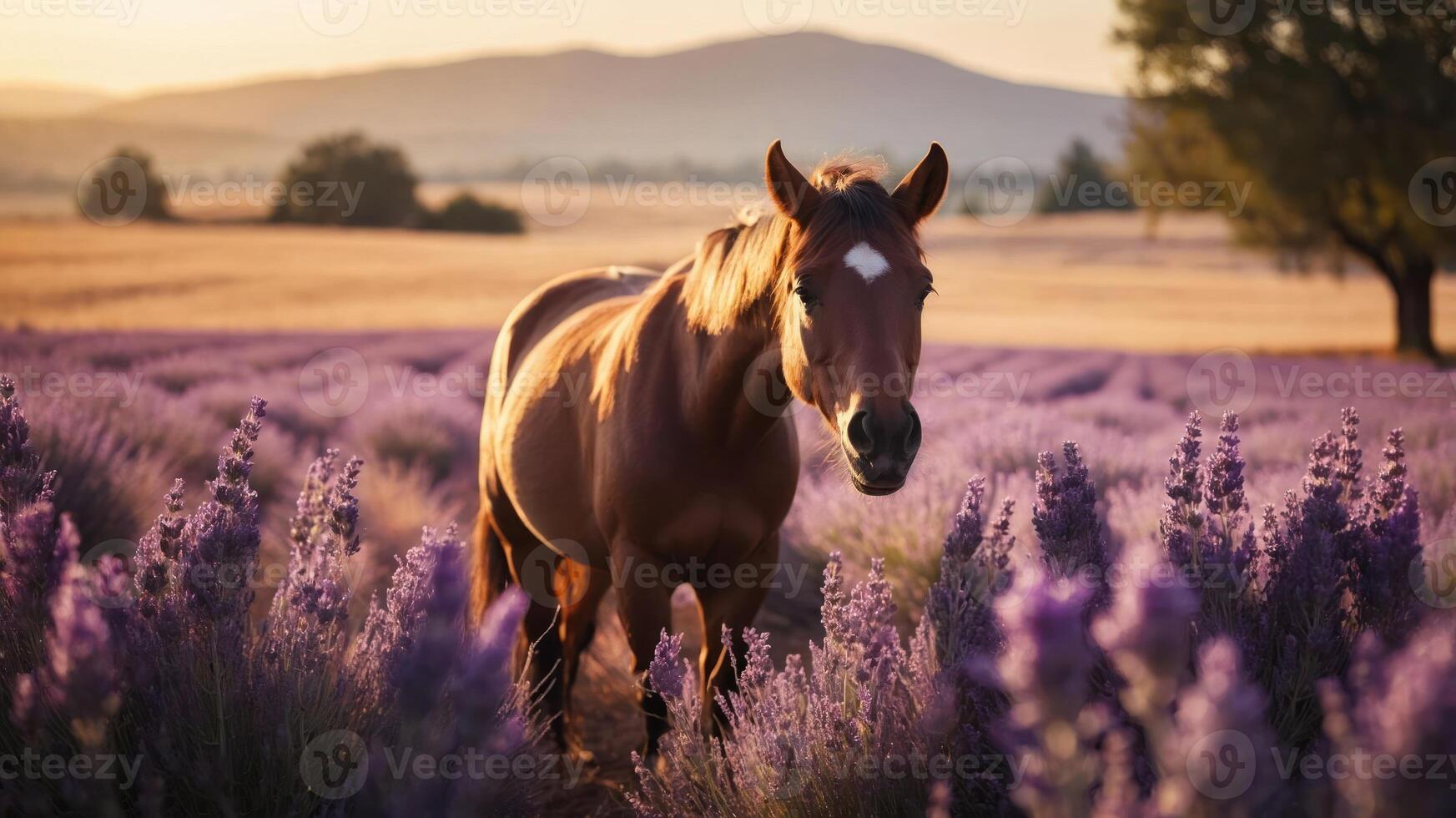 A horse stands in a field of lavender during sunset, creating a serene landscape. photo