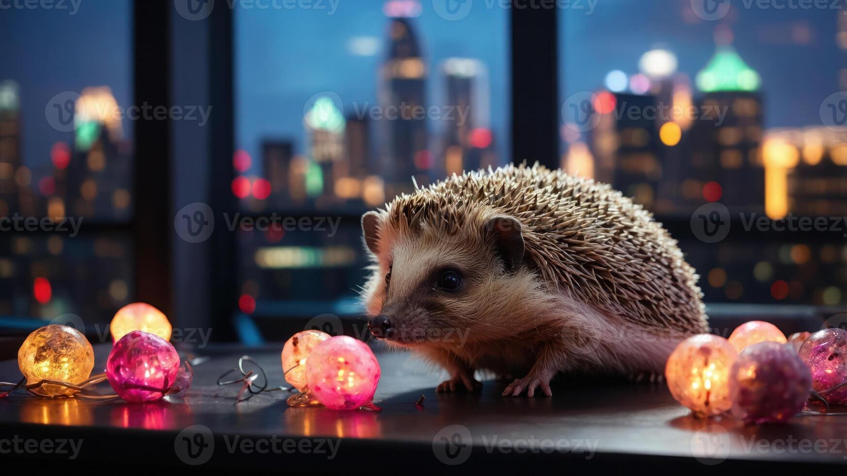 A hedgehog surrounded by colorful lights against a city skyline backdrop. photo