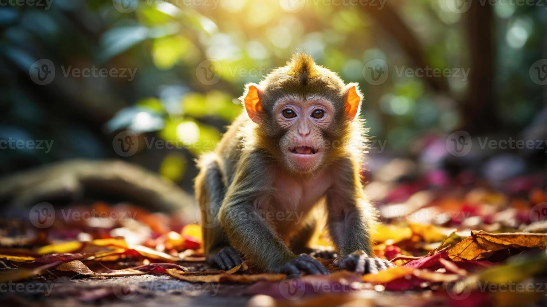 A young monkey exploring its surroundings amidst colorful autumn leaves. photo