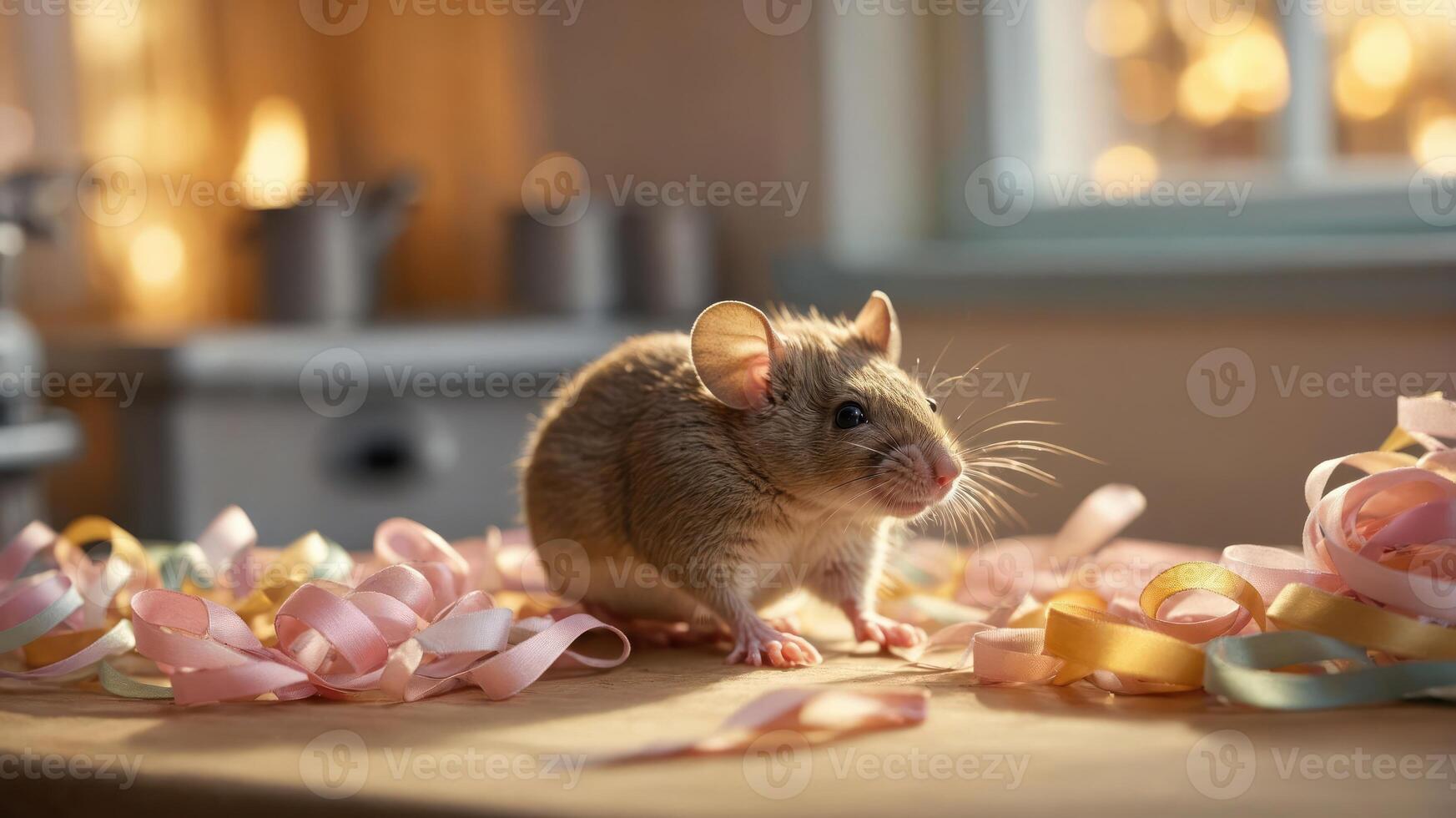 A cute mouse surrounded by colorful ribbons in a cozy setting. photo