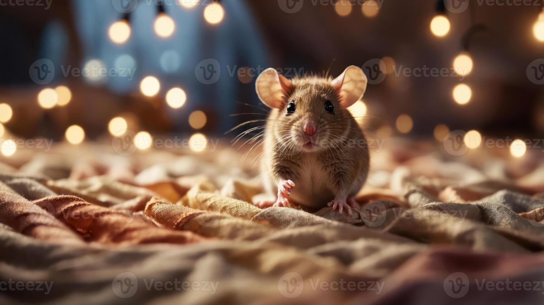 A close-up of a mouse on a textured surface with warm, glowing lights in the background. photo