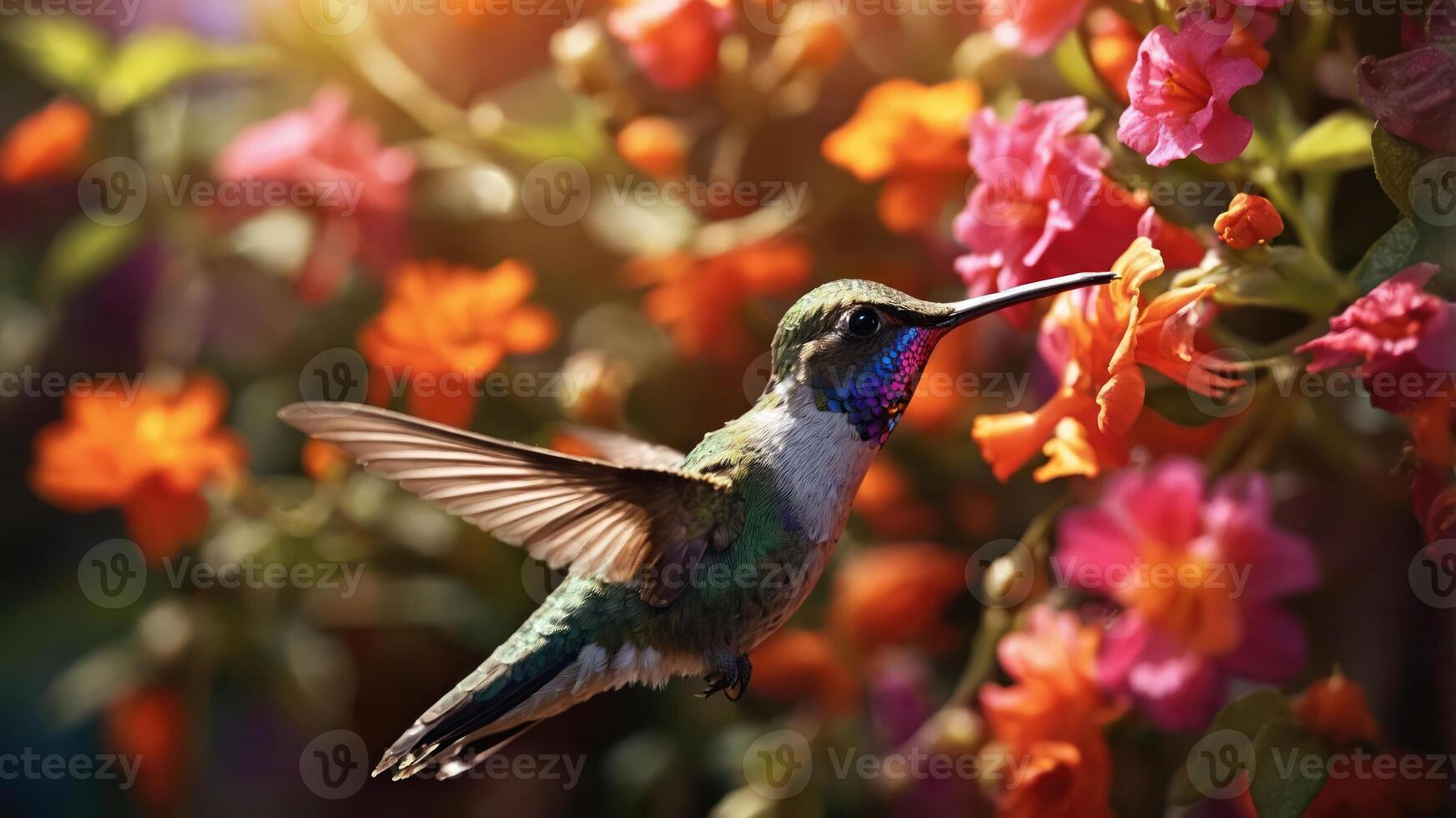 A hummingbird hovering near vibrant flowers in a colorful garden. photo