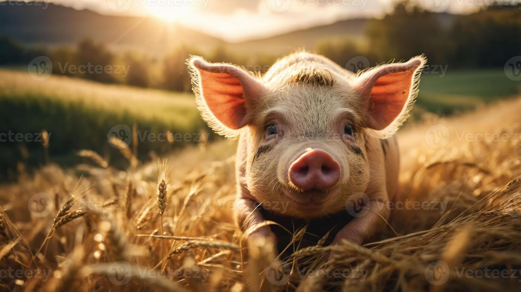 A cute piglet resting in a golden field during sunset. photo