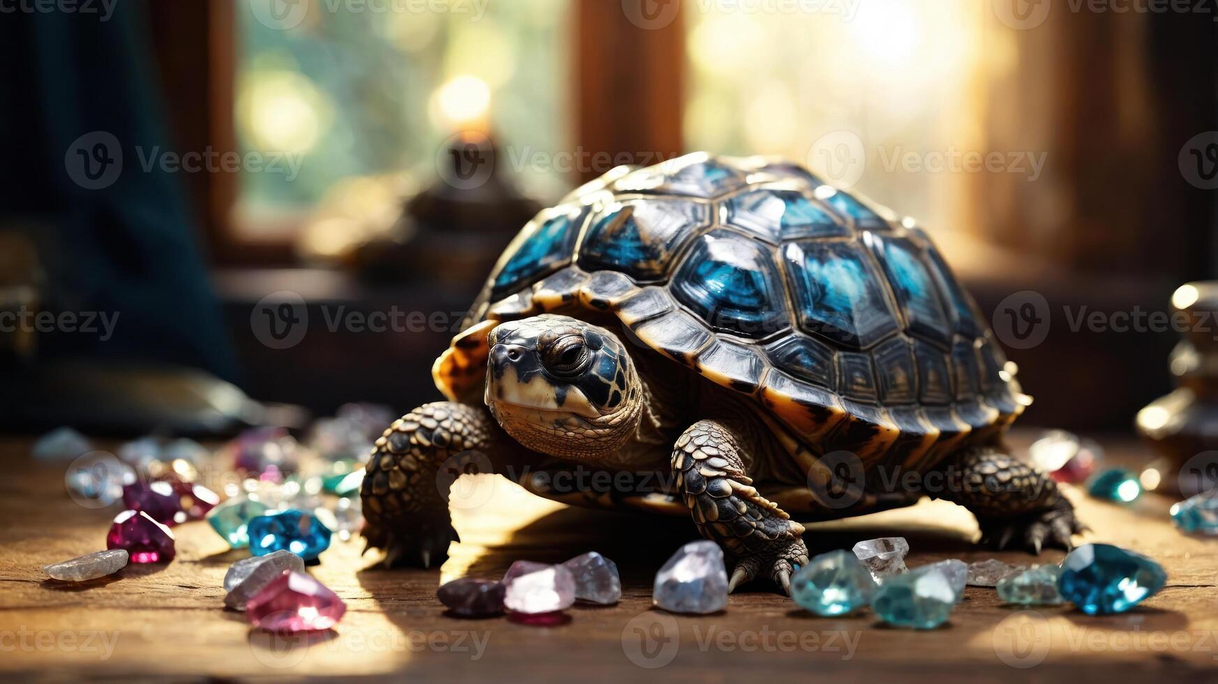 A turtle surrounded by colorful gemstones on a wooden surface, creating a whimsical scene. photo