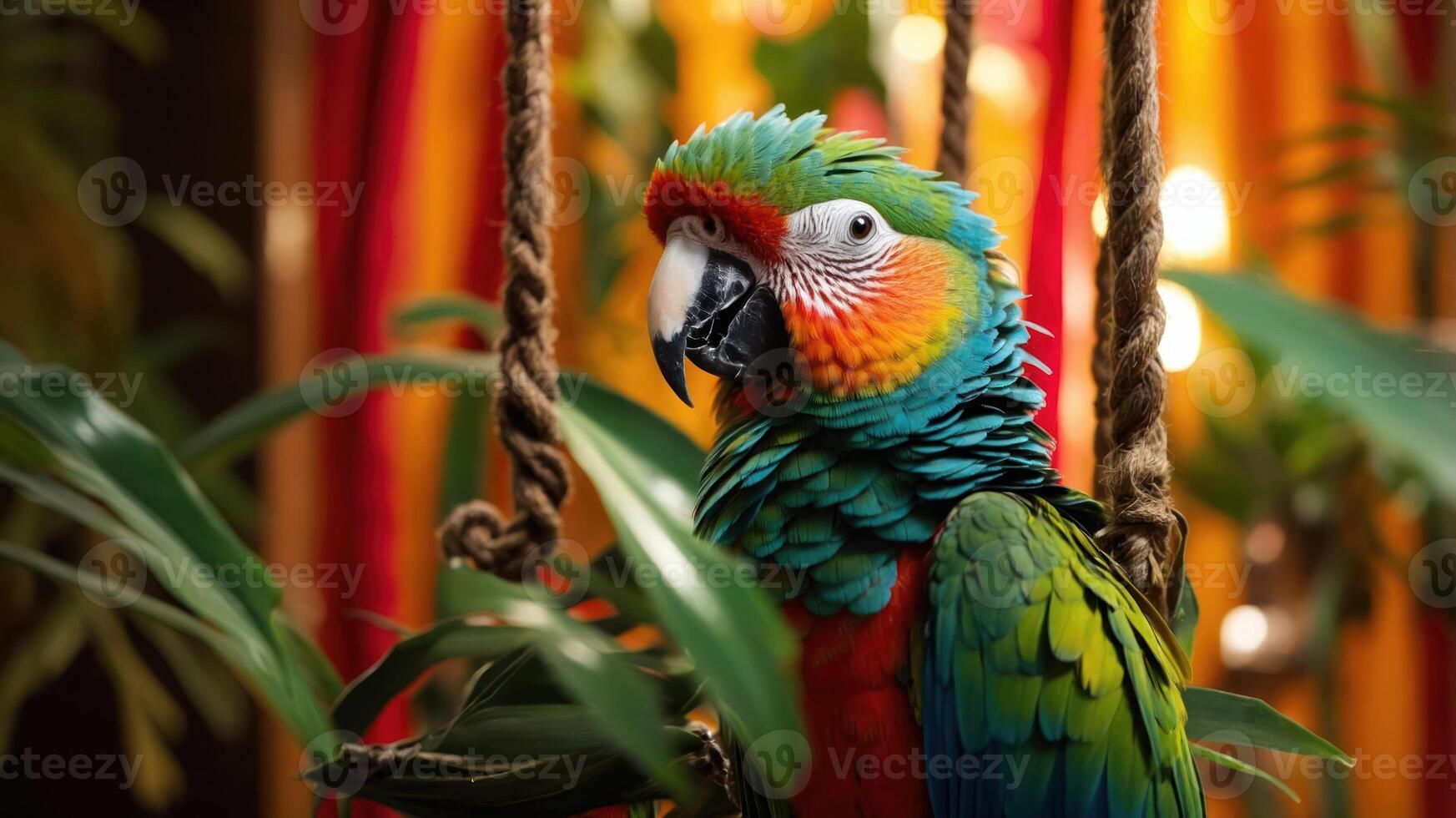 A colorful parrot perched among green leaves, showcasing vibrant feathers and a lively expression. photo