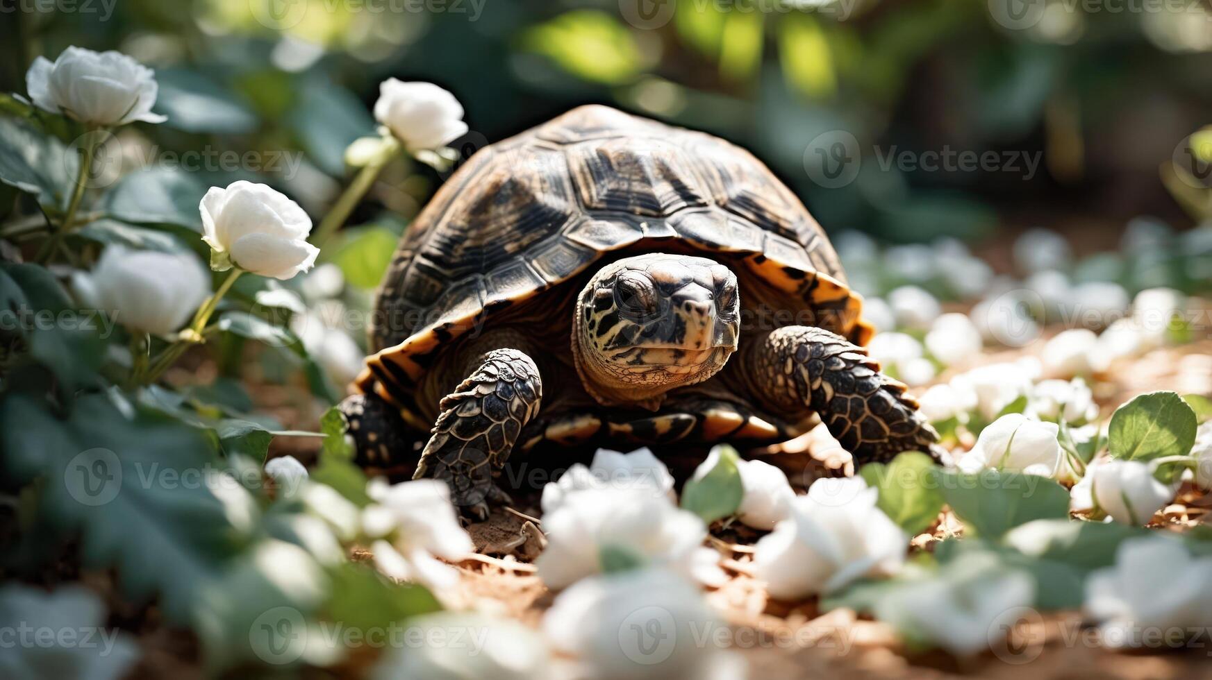 A turtle amidst white flowers and greenery in a serene outdoor setting. photo