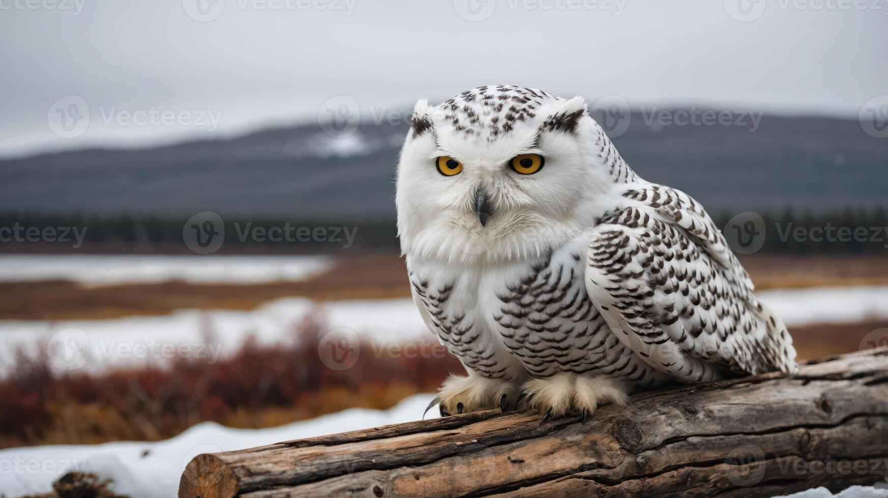 A snowy owl perched on a log in a winter landscape, showcasing its striking features. photo
