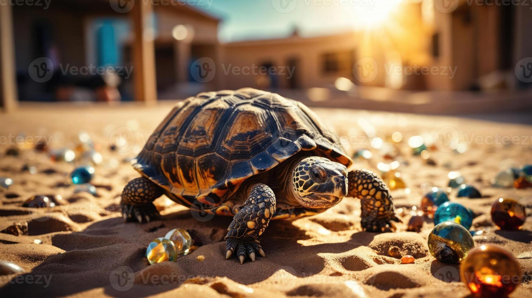 A turtle explores a sandy area adorned with colorful marbles under warm sunlight. photo