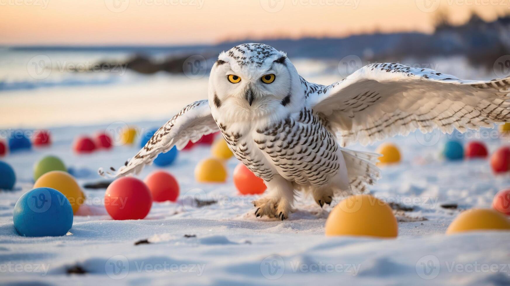 A snowy owl spreads its wings on a beach scattered with colorful balls at sunset. photo