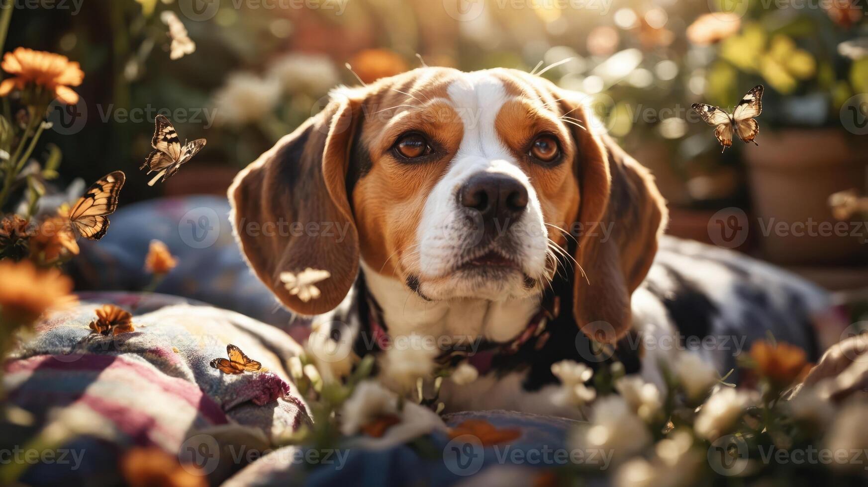 A beagle resting among flowers with butterflies in a sunlit garden. photo