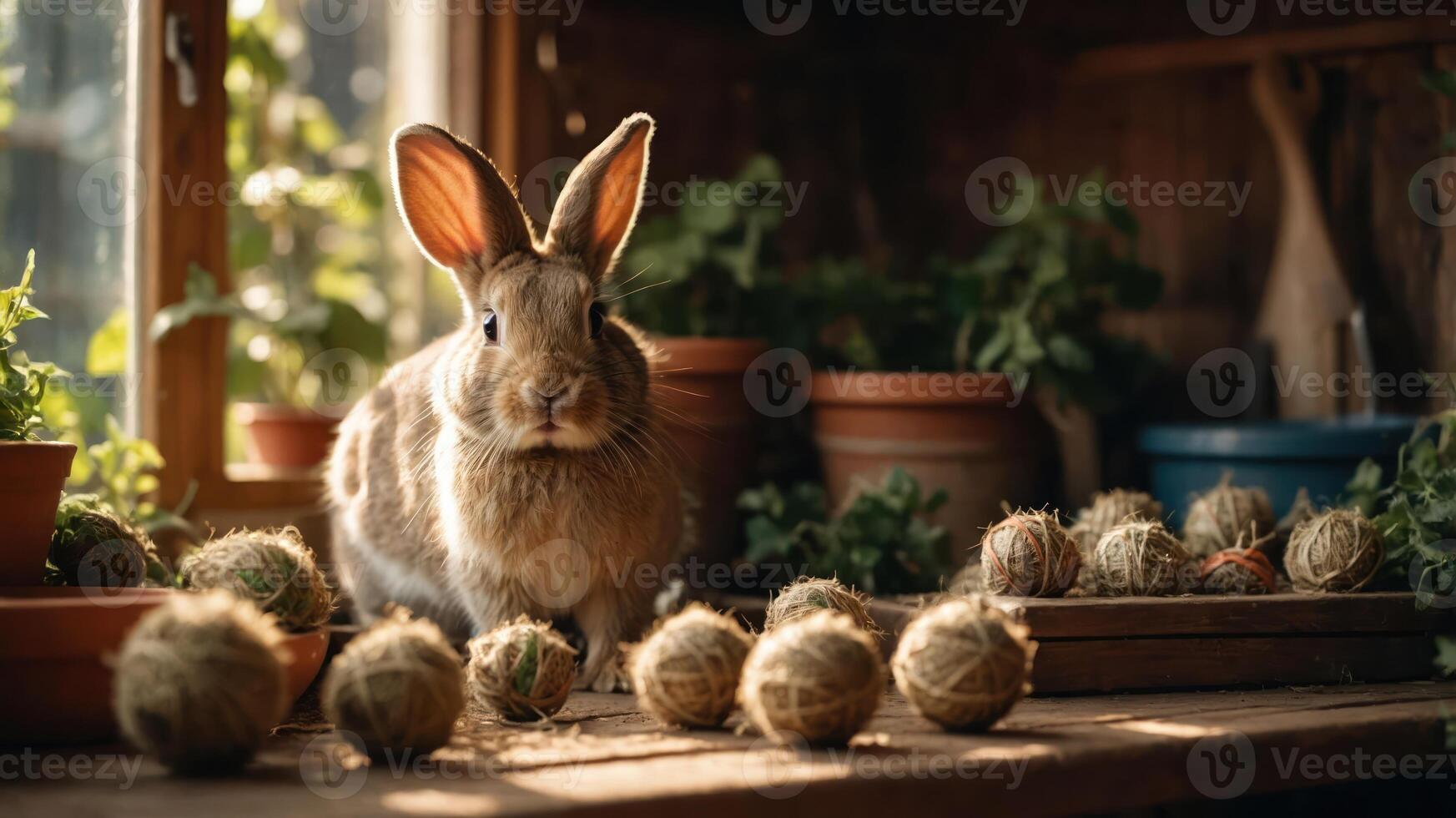 A rabbit sitting on a wooden table surrounded by straw balls and plants in a cozy setting. photo