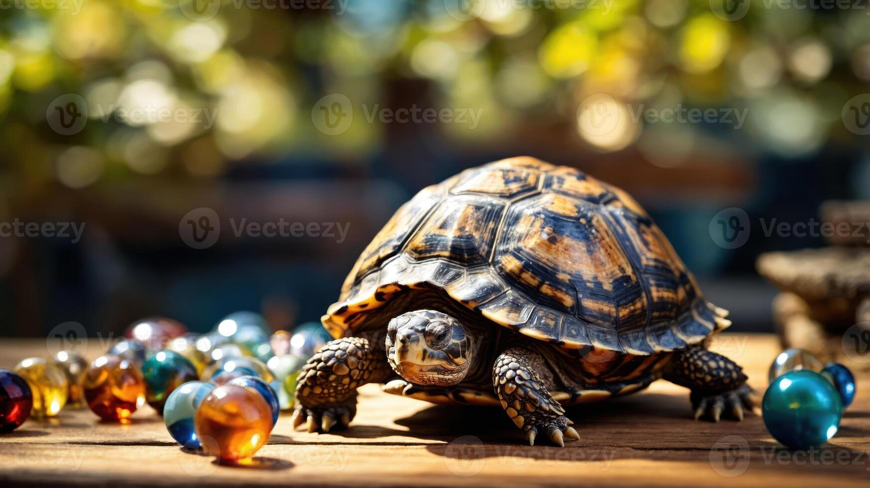 A tortoise exploring a wooden table scattered with colorful marbles in a natural setting. photo