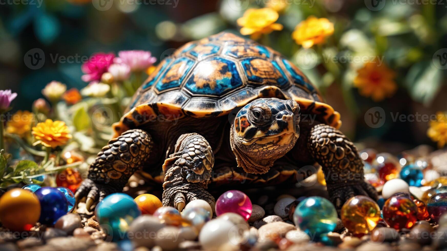 A tortoise surrounded by colorful marbles and flowers in a vibrant garden setting. photo