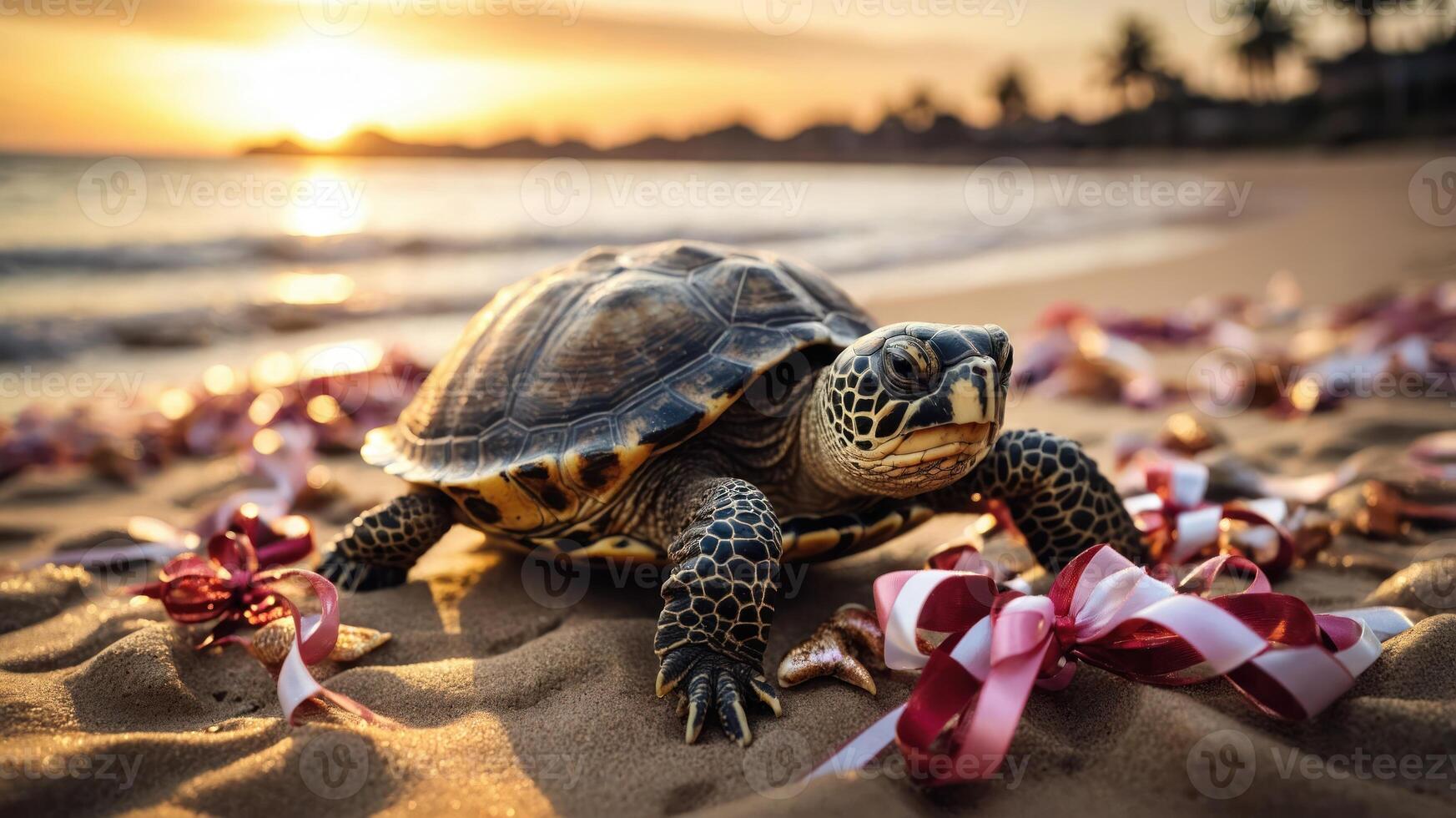 A turtle on a sandy beach surrounded by decorative ribbons at sunset. photo