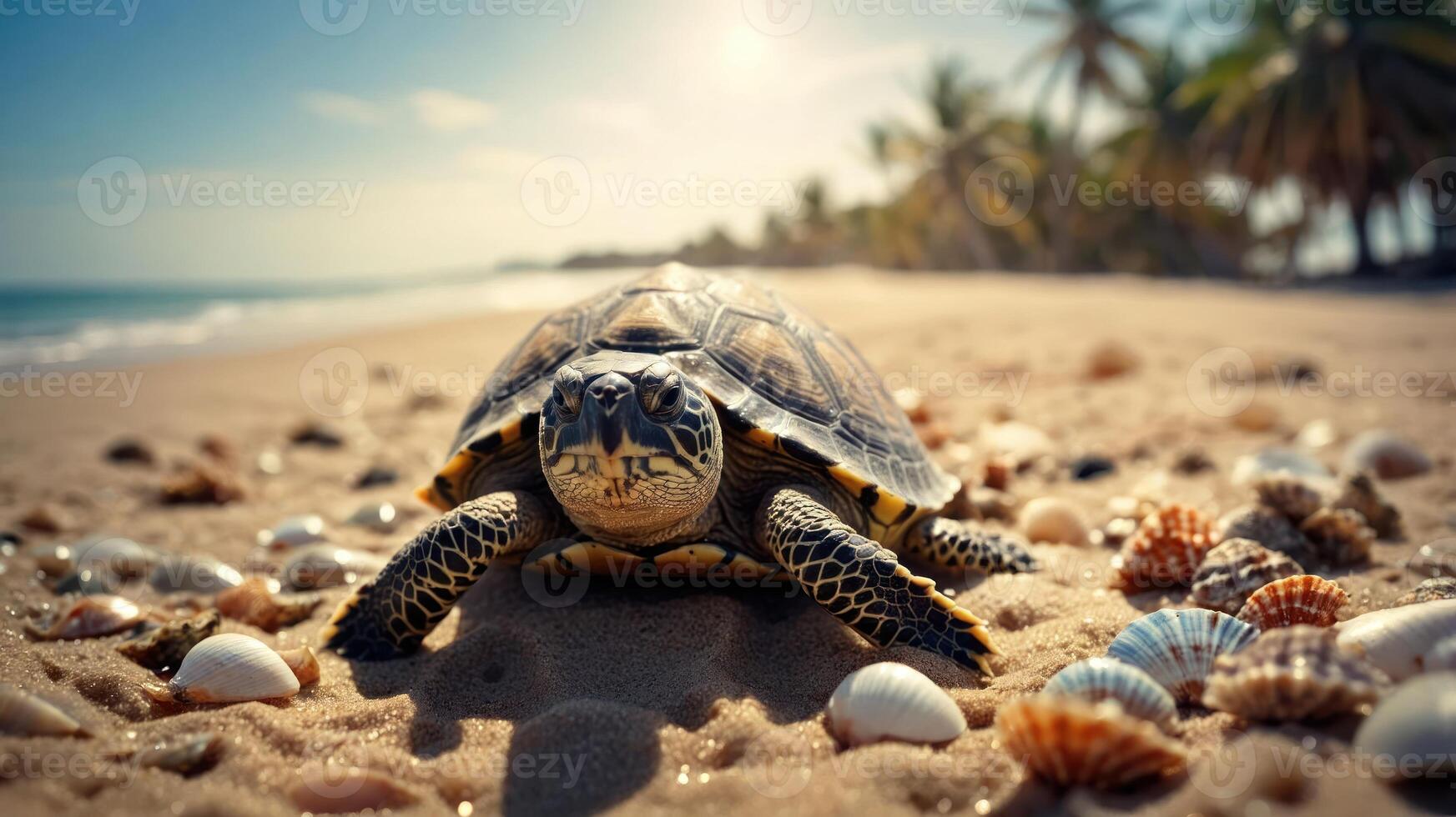 A turtle on a sandy beach surrounded by seashells and palm trees under a sunny sky. photo