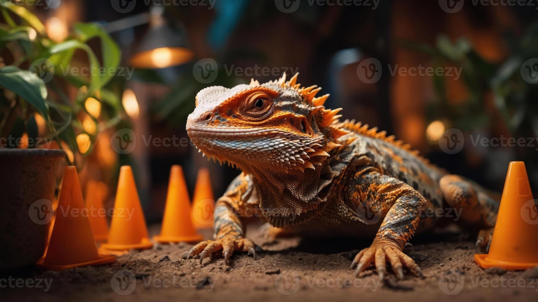 A close-up of a bearded dragon among orange cones and plants in a warm, indoor setting. photo