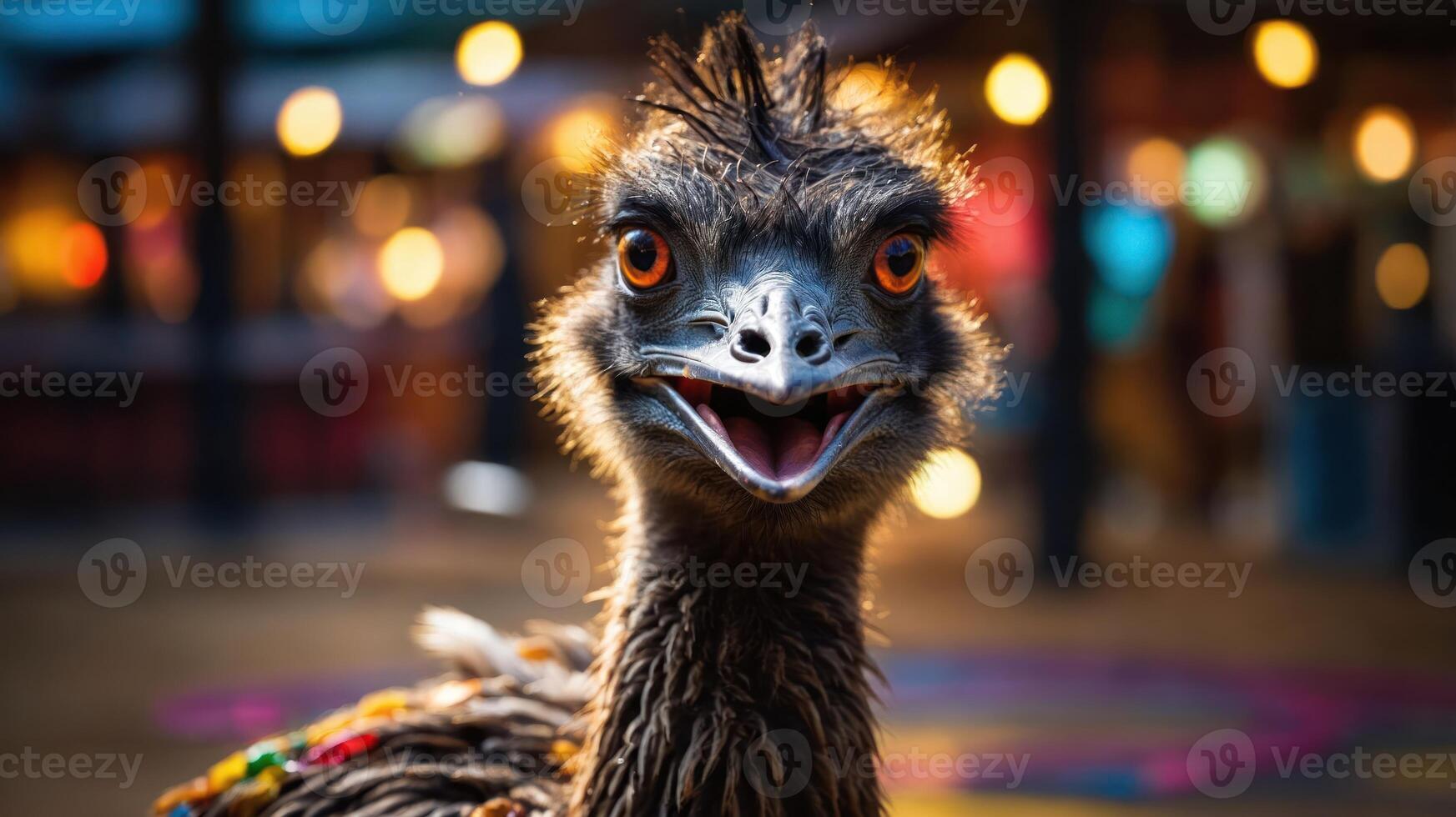 A close-up of a smiling emu with bright eyes, set against a colorful background. photo