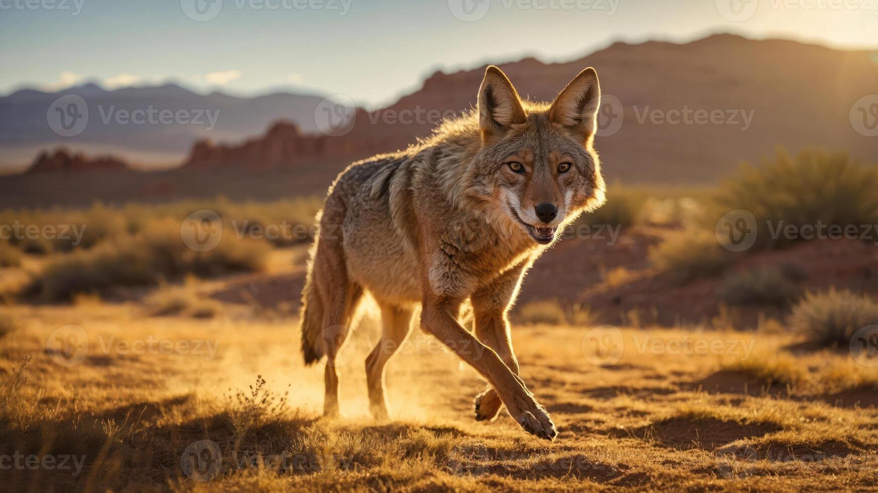 A coyote walking through a desert landscape at sunset, showcasing its natural habitat. photo