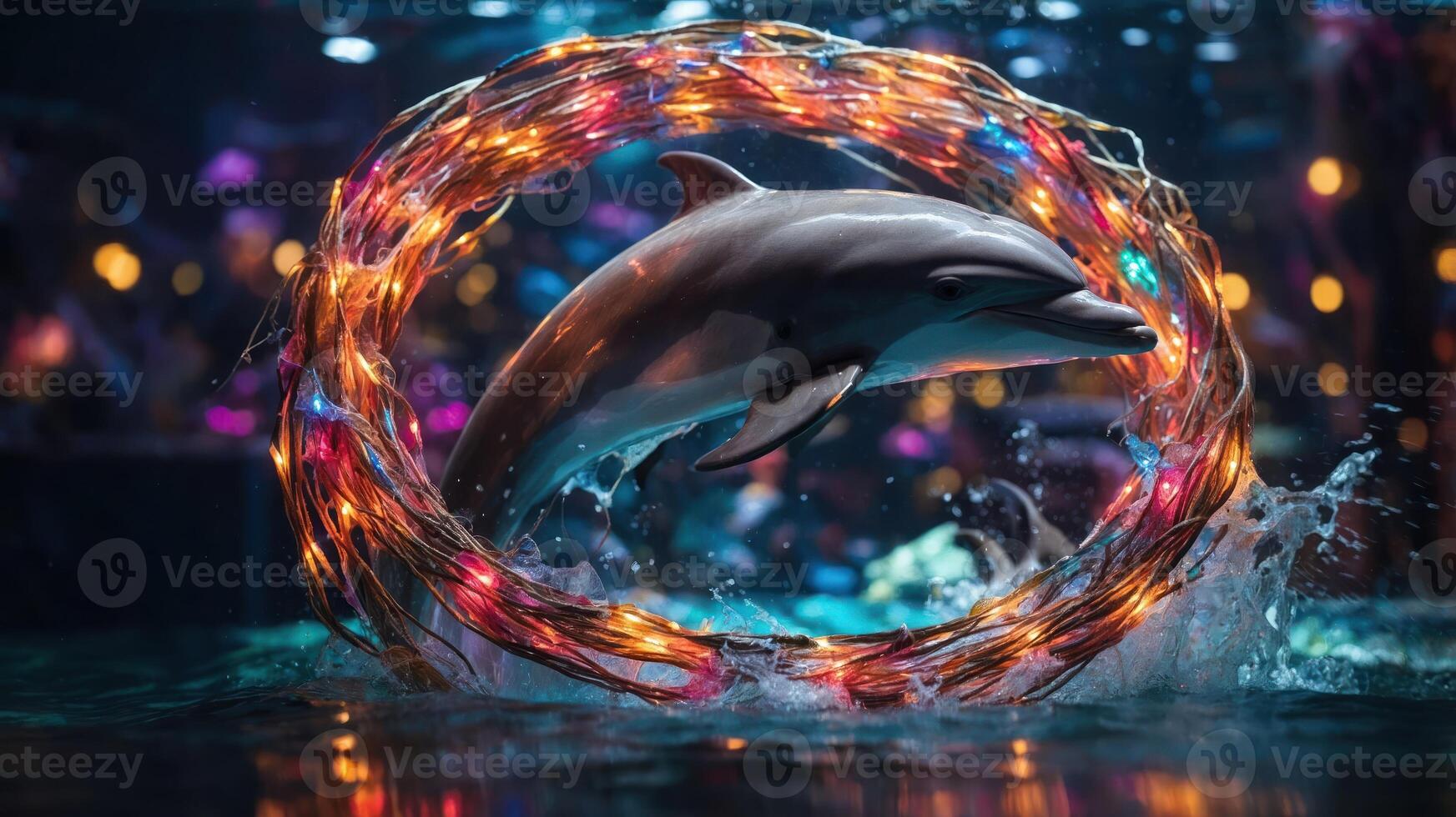 A dolphin leaps through a colorful light ring, creating a vibrant underwater scene. photo
