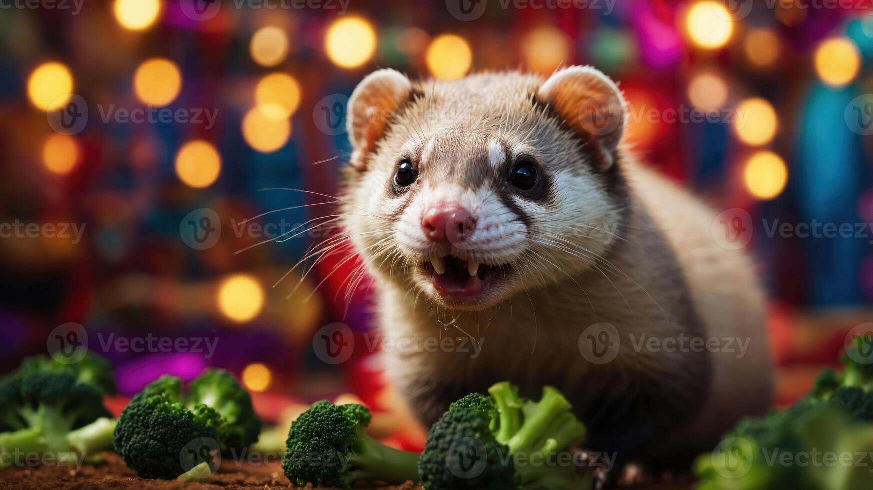 A playful ferret surrounded by broccoli, set against a colorful, festive background. photo