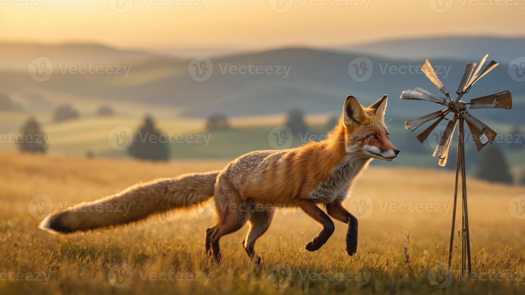 A fox running past a windmill in a serene, golden landscape at sunset. photo