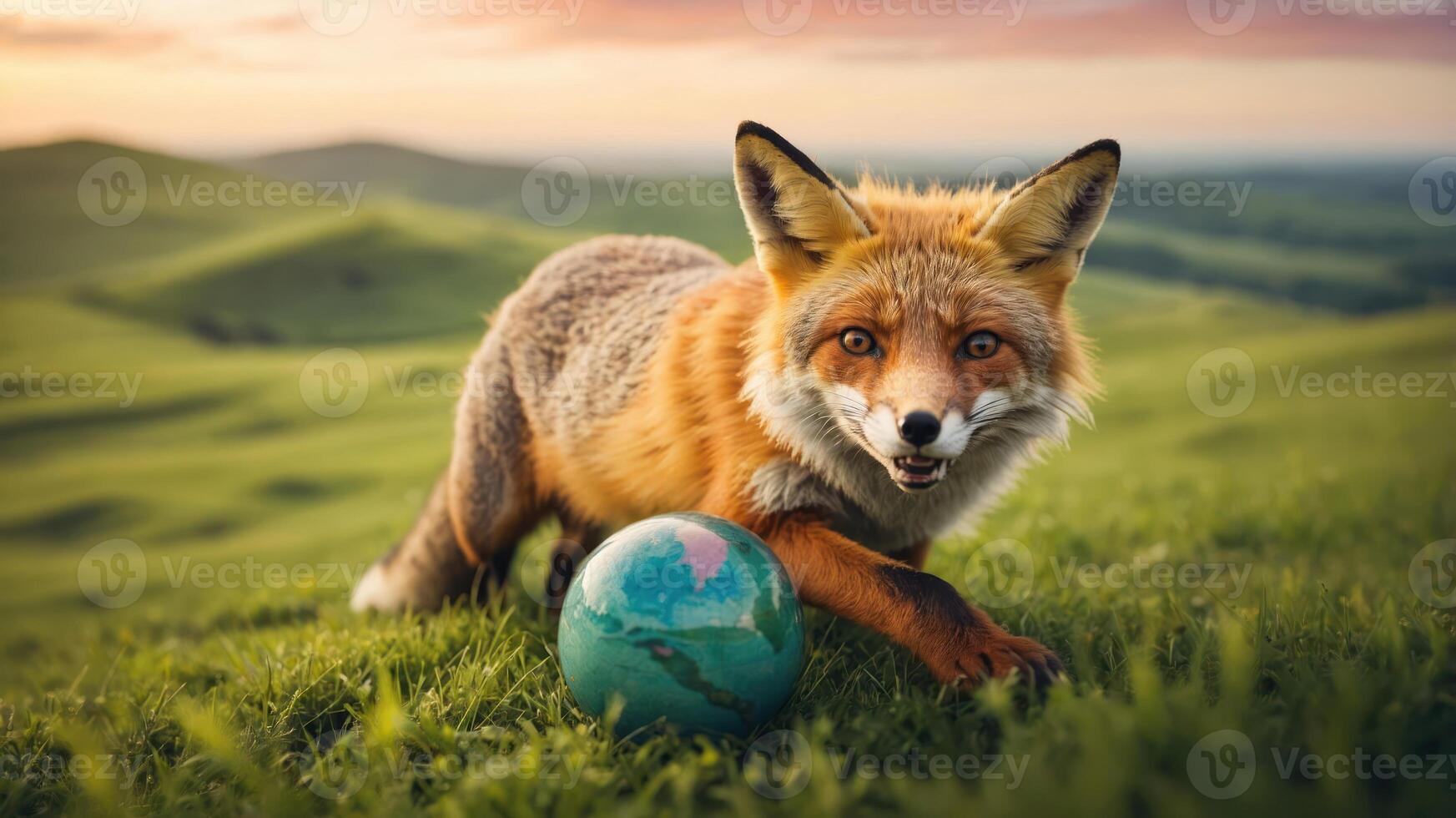 A fox playfully interacts with a globe on a lush green hillside during sunset. photo