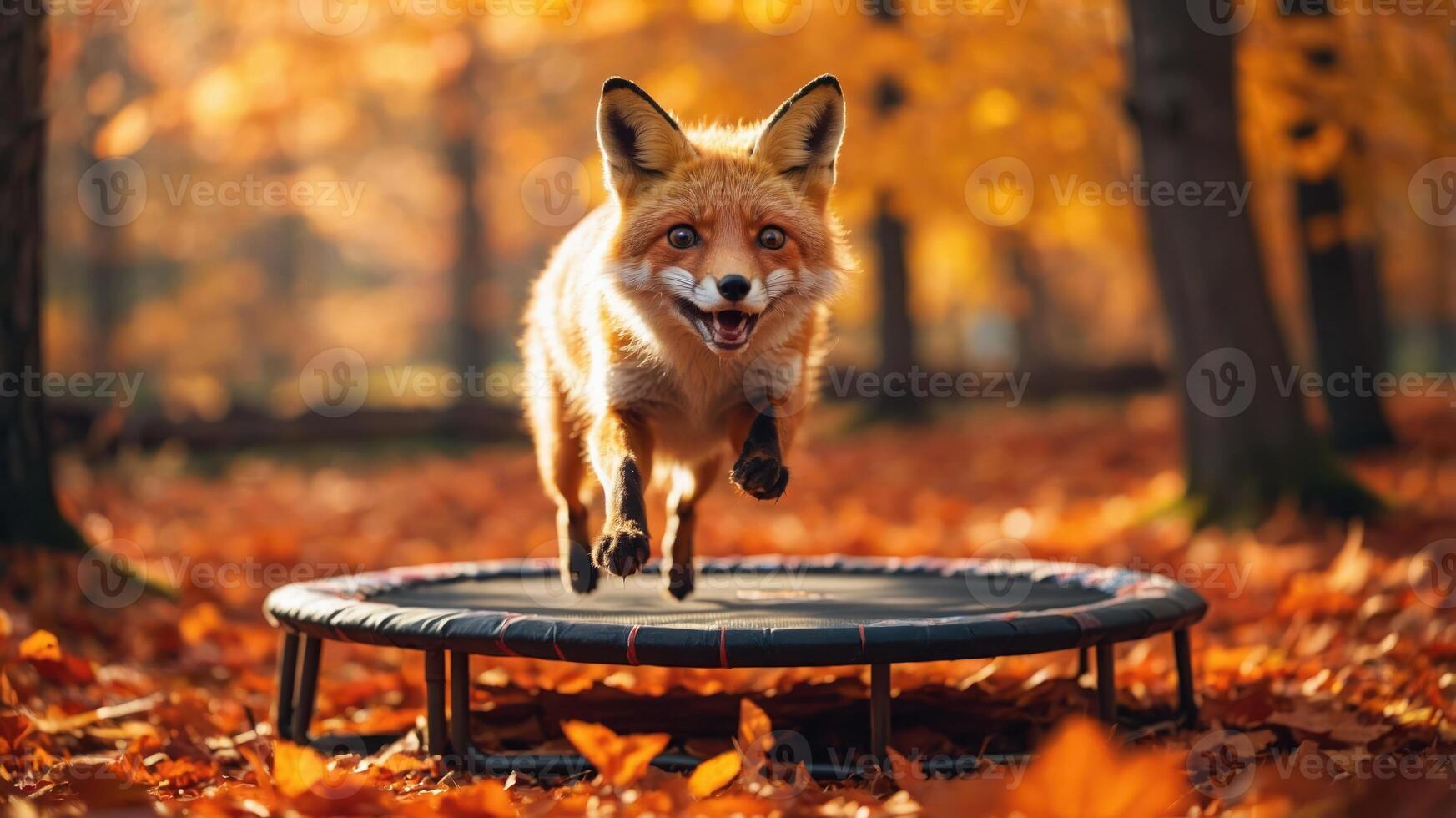 A fox joyfully jumps on a trampoline surrounded by autumn leaves. photo
