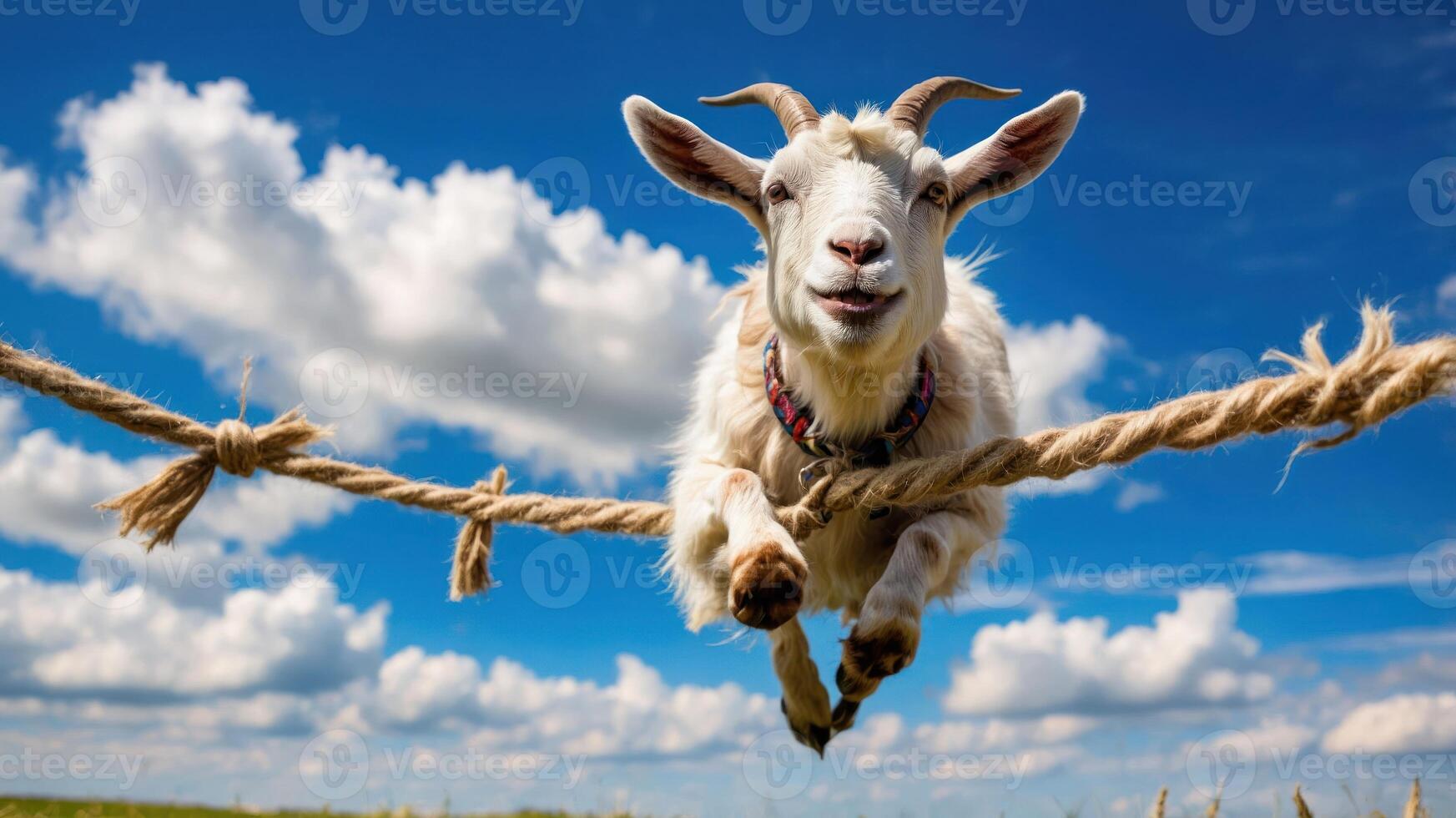 A playful goat leaps joyfully against a bright blue sky with fluffy clouds. photo