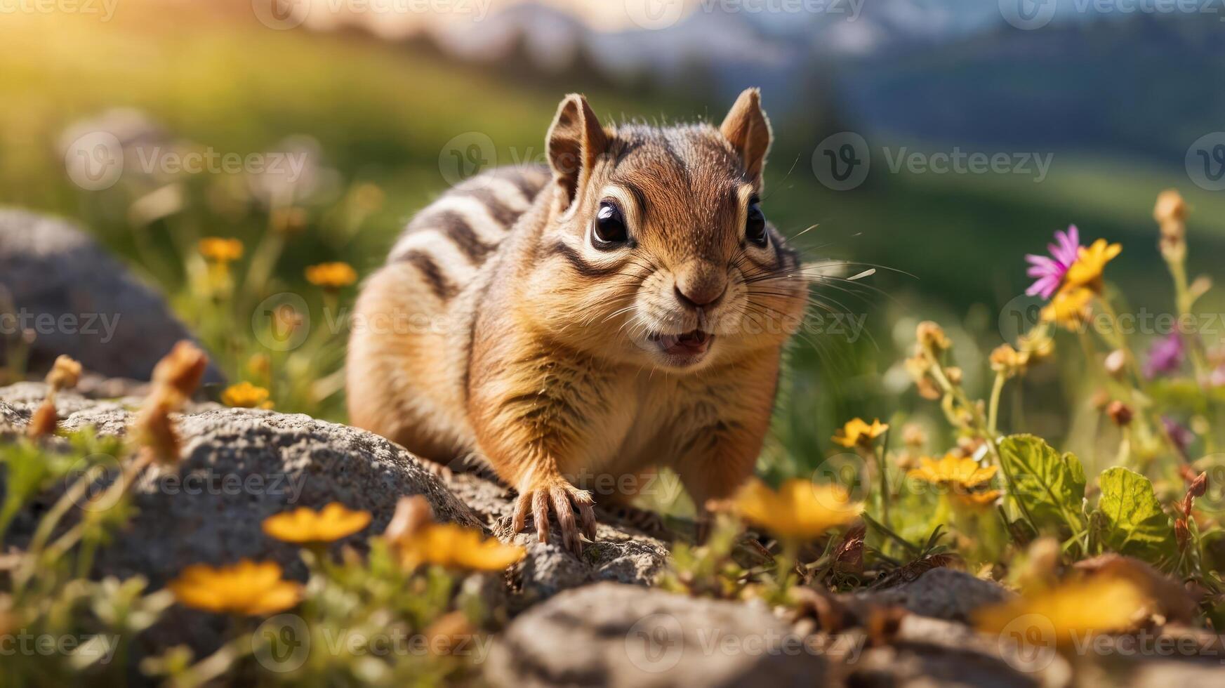 A chipmunk exploring a vibrant meadow filled with colorful flowers. photo