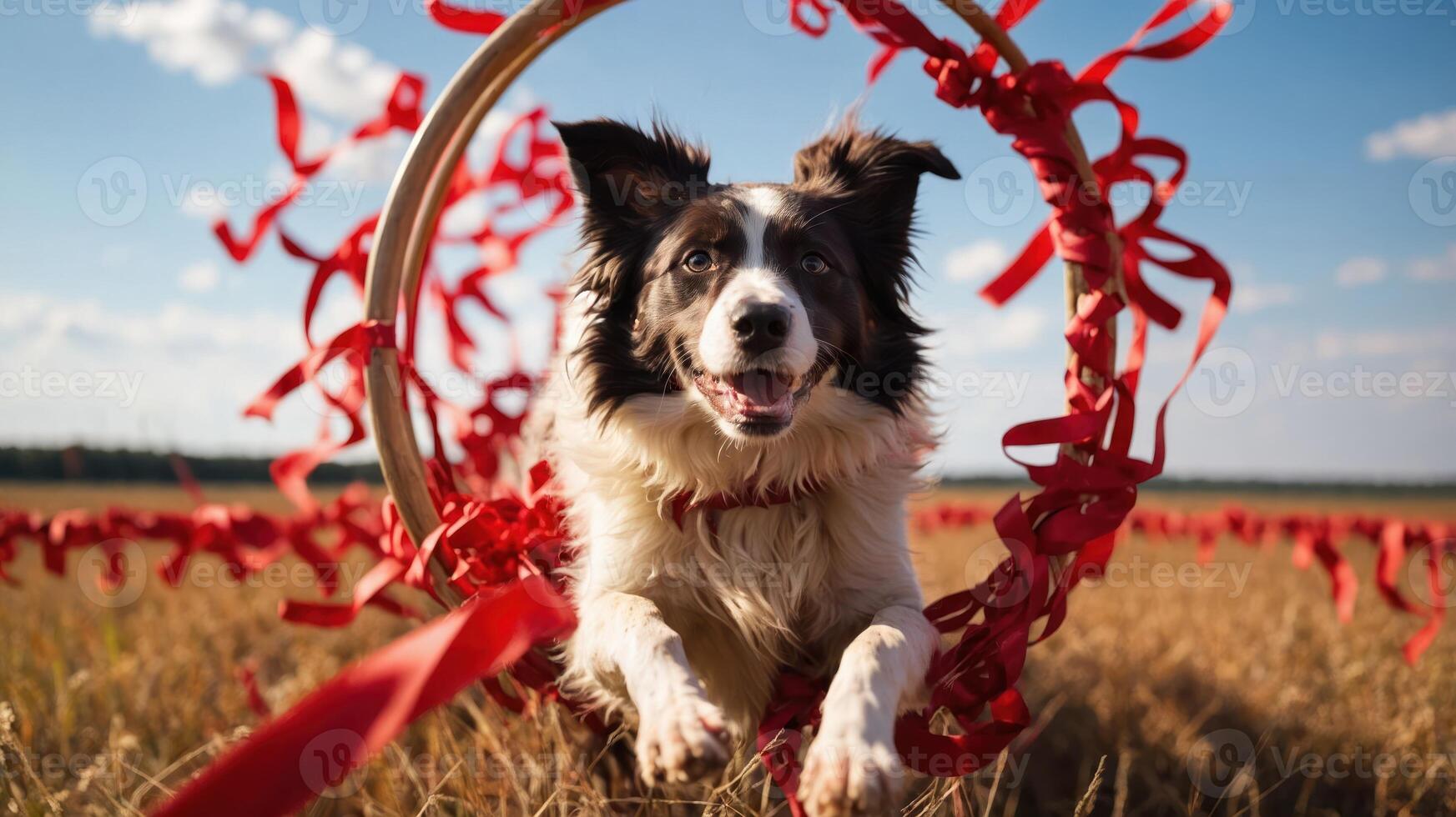 A dog joyfully jumps through a hoop in a field decorated with red ribbons. photo