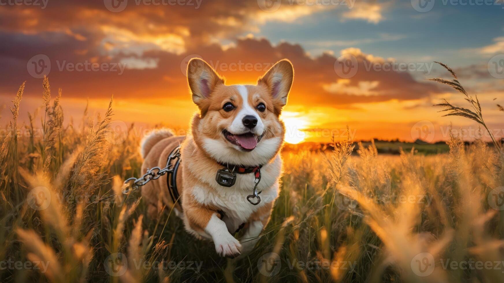 A happy corgi running through golden grass at sunset, capturing a joyful outdoor moment. photo