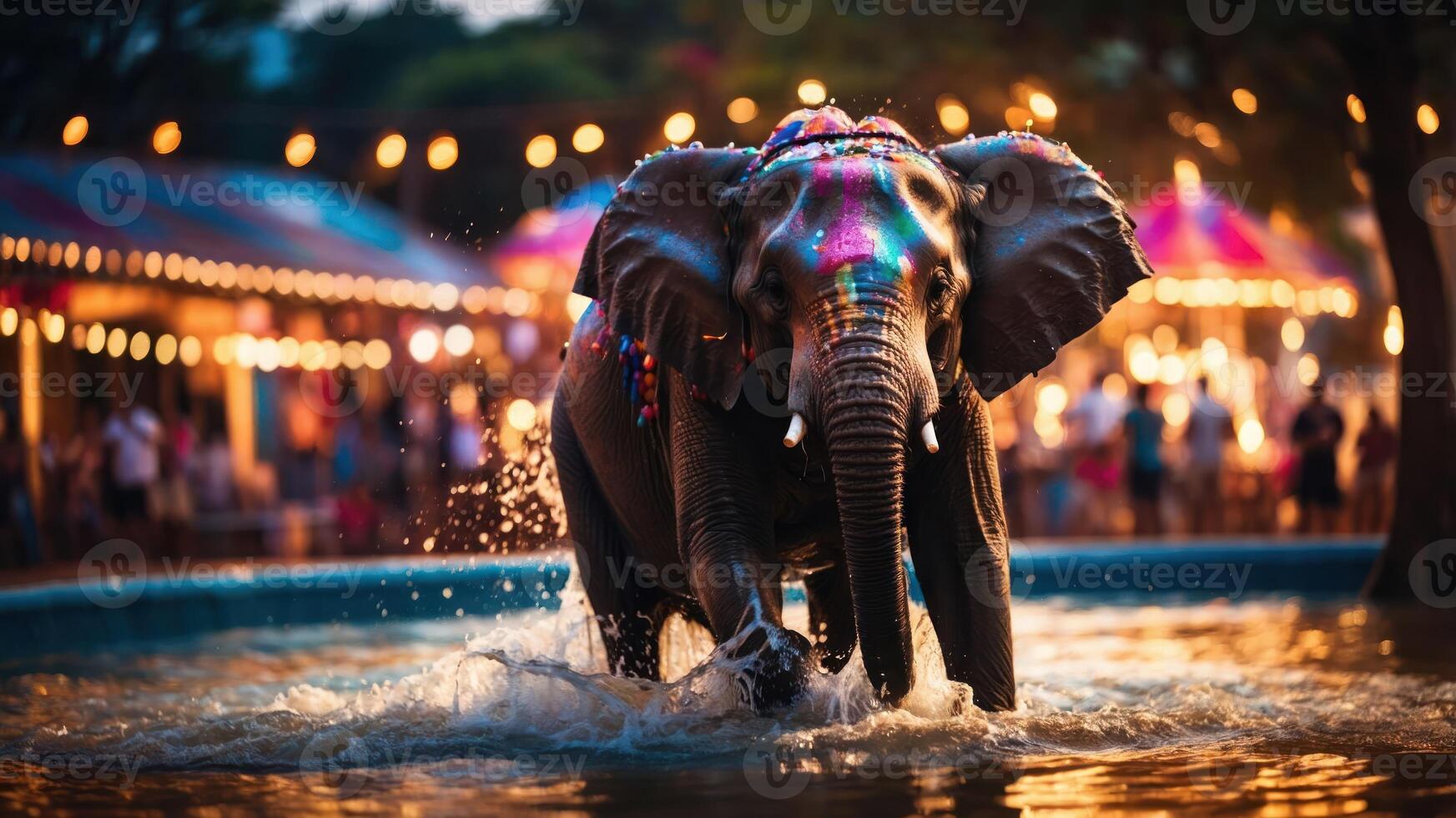 An elephant splashes in a festive water setting, surrounded by colorful lights and people. photo