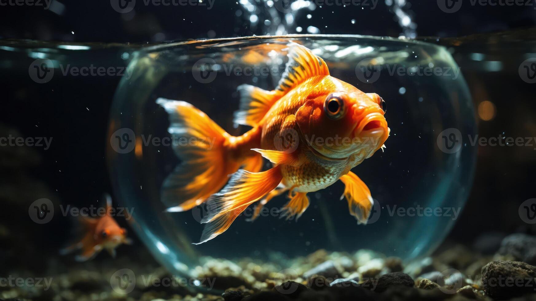 A goldfish swims in a clear bowl, surrounded by bubbles and pebbles. photo