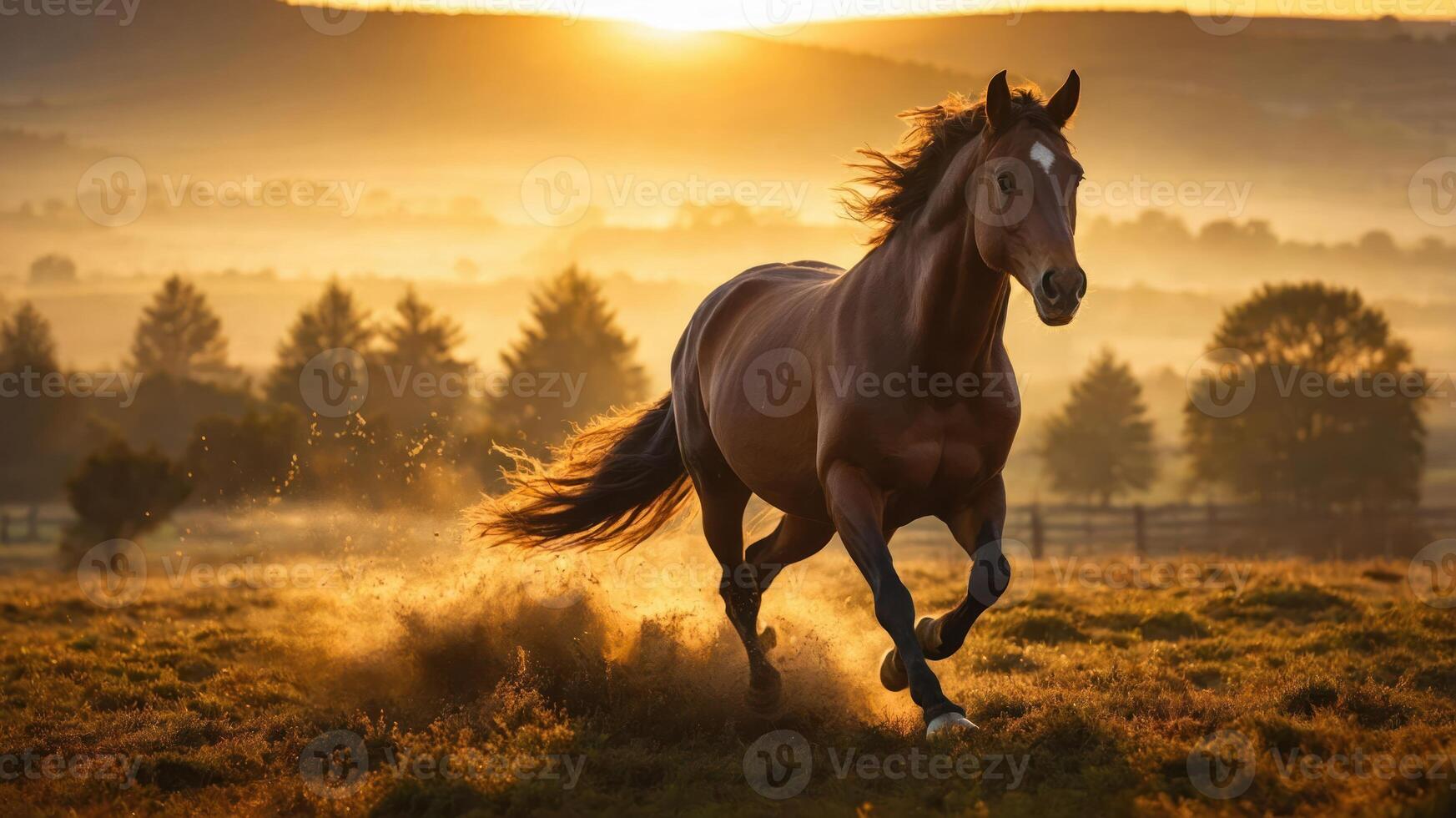 A horse gallops through a misty landscape at sunrise, creating a serene and dynamic scene. photo