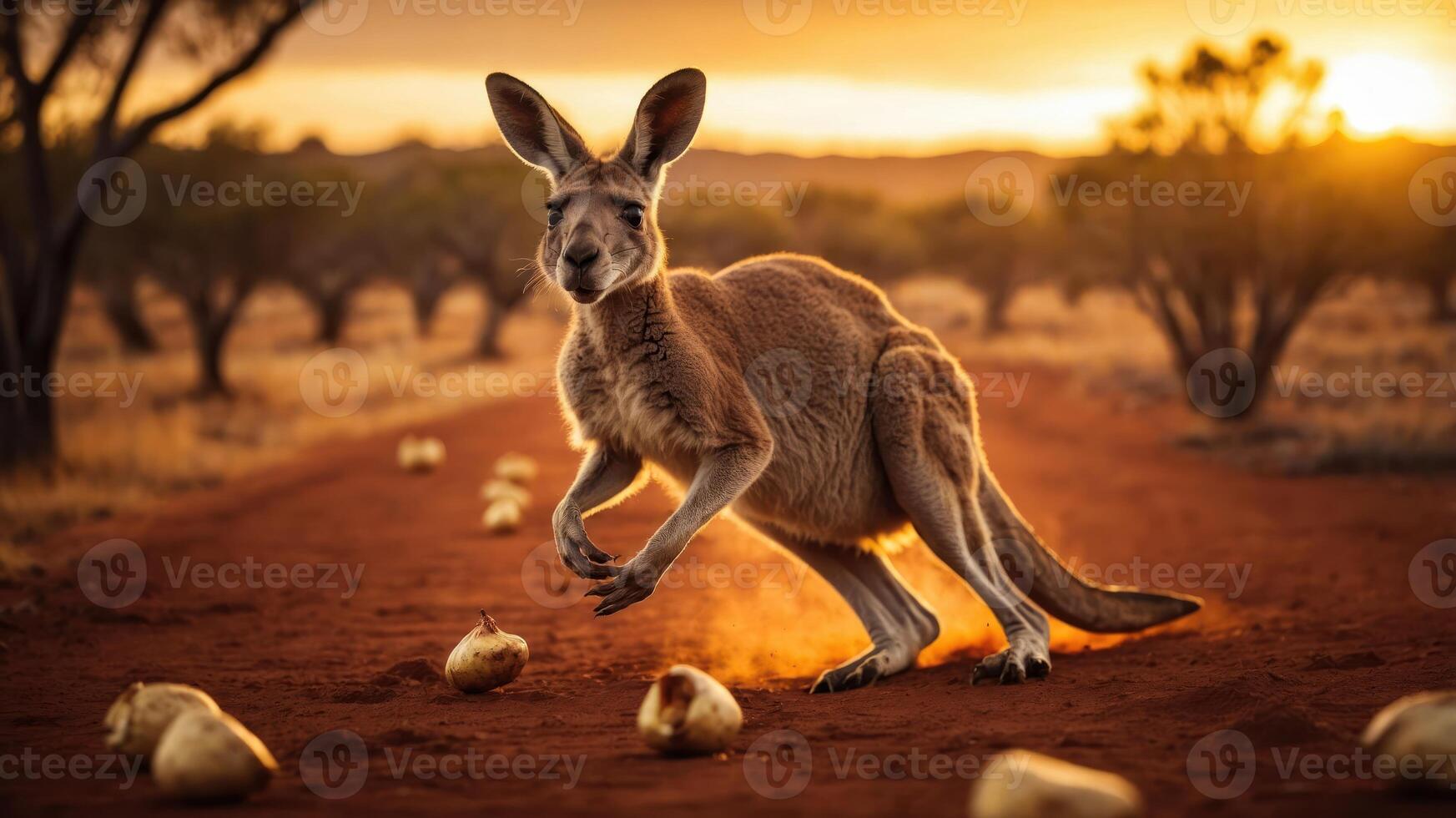 A kangaroo hops along a dirt path at sunset, surrounded by a serene landscape. photo