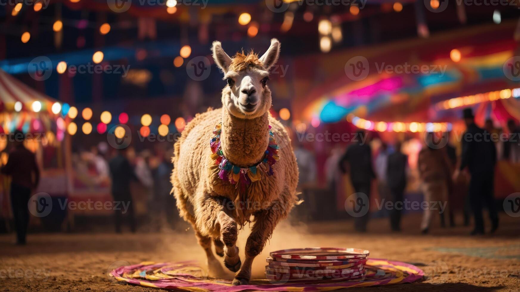 A llama performing at a festive circus event, showcasing agility and entertainment. photo