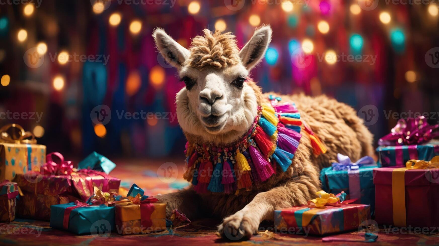 A festive llama adorned with colorful decorations surrounded by wrapped gifts. photo