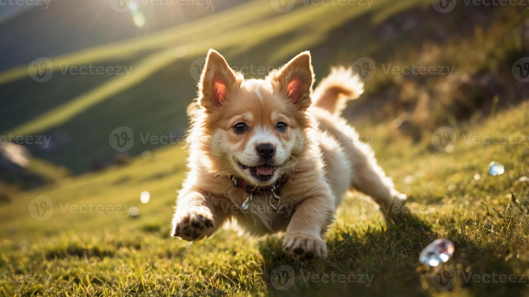 A playful puppy runs joyfully across a grassy field with sunlight shining in the background. photo