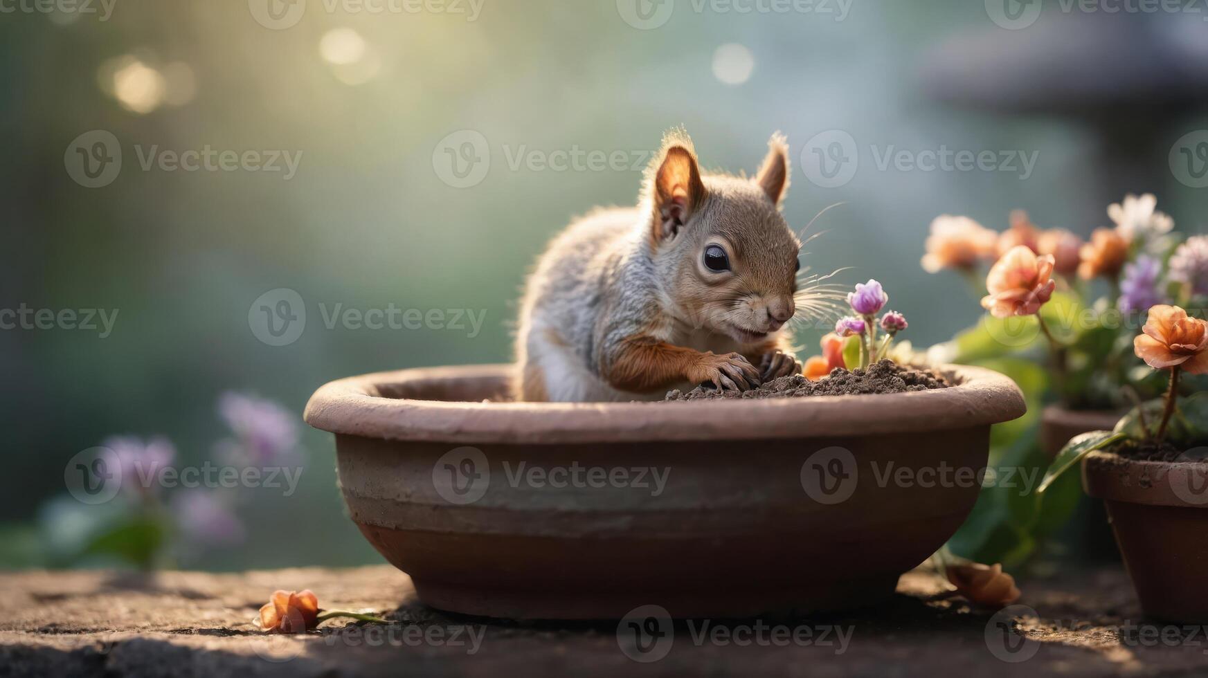 A cute squirrel explores a flower pot filled with soil and blooming flowers in soft sunlight. photo